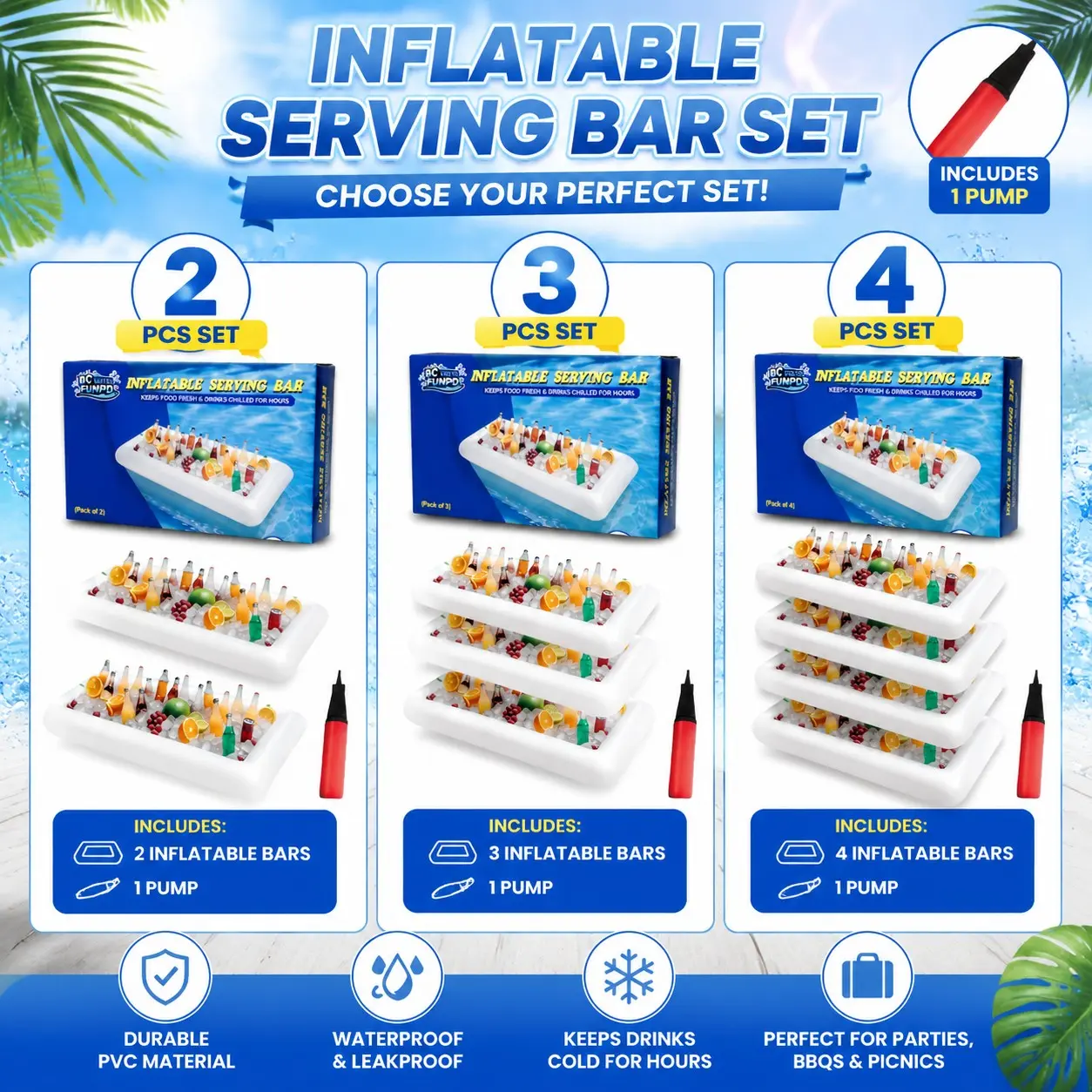 Inflatable Pool Serving Bar with Hand Pump, 2/3/4 Pack Floating Drink Cooler, Ice Bucket Tray for Pool Party, Outdoor Summer Gathering & BBQ