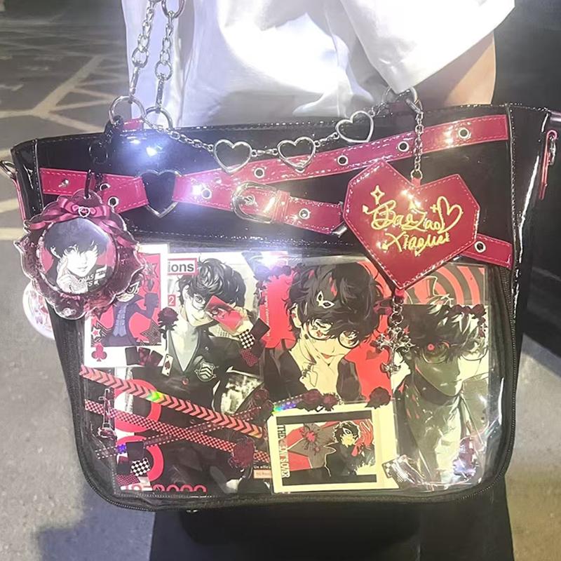 Fashion Y2k Hot Girl Transparent Ita Bag, Diy Display Bag Heart Chain Decor Handbag, Streetwear Large Capacity Crossbody Bag