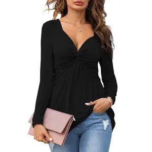 Danedvi Women's V-Neck Front Knotted Knitwear Blouse, Lady's Long Sleeve Basic Cotton Breathable Casual Top, Solid Color Pullover Shirt
