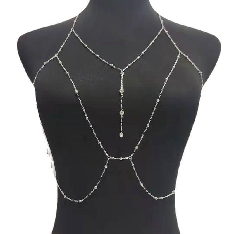 Fashionable and sexy metal chain with rhinestones, versatile and unique beach-style women's chest chain, not easy to fade