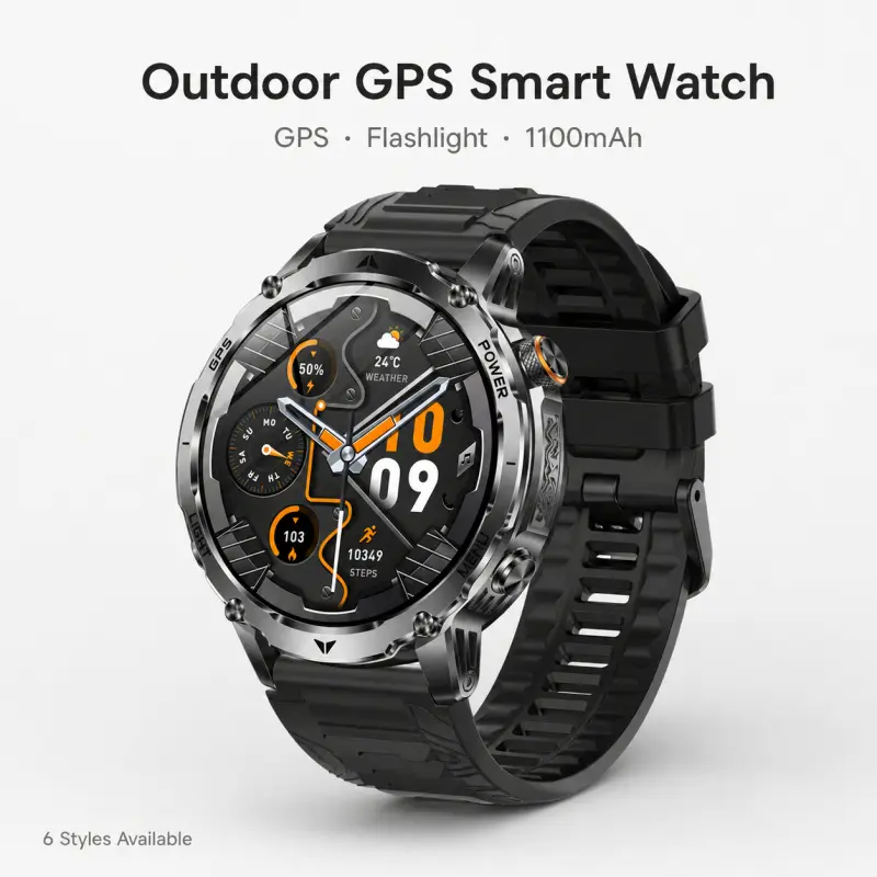 Outdoor GPS Smart Watch for Men 1100mAh Large Battery Bluetooth Calling Sports Watch IP68 Water-Resistant Rugged Smartwatch with Flashlight SOS Strobe 100+ Sports Modes Compass Altimeter Barometer for Hiking Cycling Running Outdoor Use