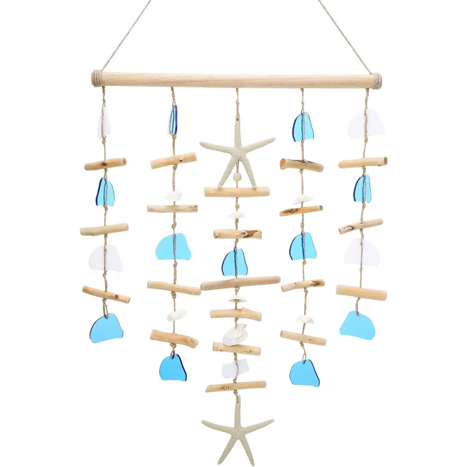 Lightweight Hangable Wooden Driftwood Wall Decor with Starfish, Sea Shells, Blue Coastal Ocean Theme Hanging Art for Bathroom, Living Room, Home Decor Accent