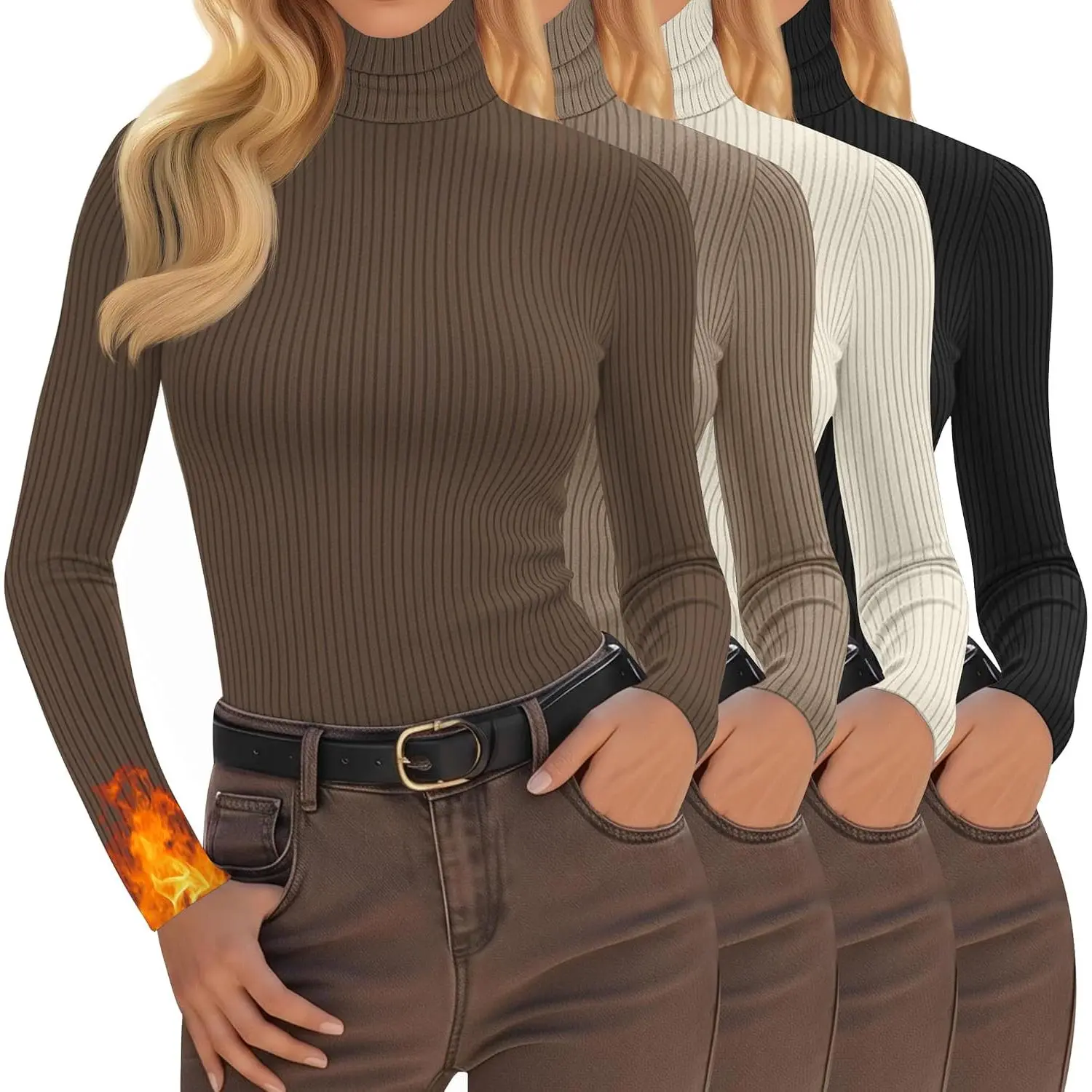 Women's 4-Pack Ribbed Turtleneck Long Sleeve Shirts - Slim Fit Stretchy Thermal Cotton Blend Basic Tops for Ladies, Casual Fall Winter Layering Base Layer Tees for Jeans & Work