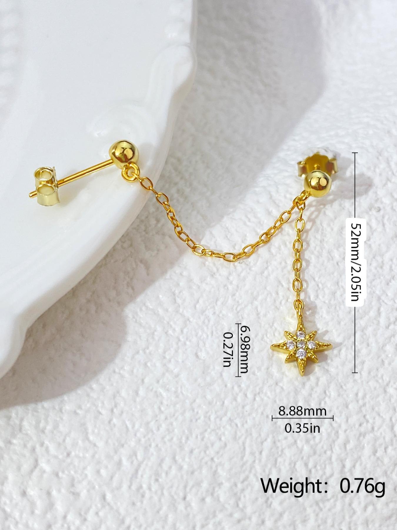 925 Sterling Silver Chain Design Earrings, Double-Threaded Eight-Pointed Star Zircon Drop Earrings, Stud Earring for Women, Fine Jewelry Gift, Elegant Minimalist Earrings