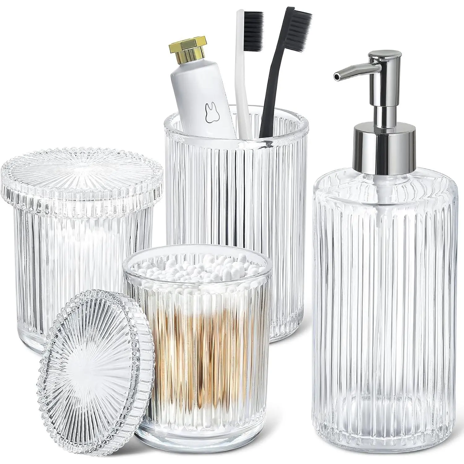 Bathroom Accessories Set, 4 Pack Clear Glass Bath Accessory Sets Complete, Ribbed Soap Dispenser and Toothbrush Holder Set with 2 Qtip Holders, Modern Sliver Bathroom Counter Decor