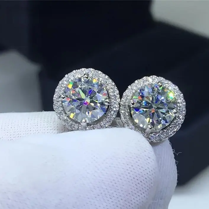 Unisex S925 Sterling Silver Halo Round Soft Needle Stud Earrings, Inlaid Shiny Silver 6A Grade Cubic Zirconia Artificial Gemstones, Fine Jewelry for Daily & Party Wear Item 6601