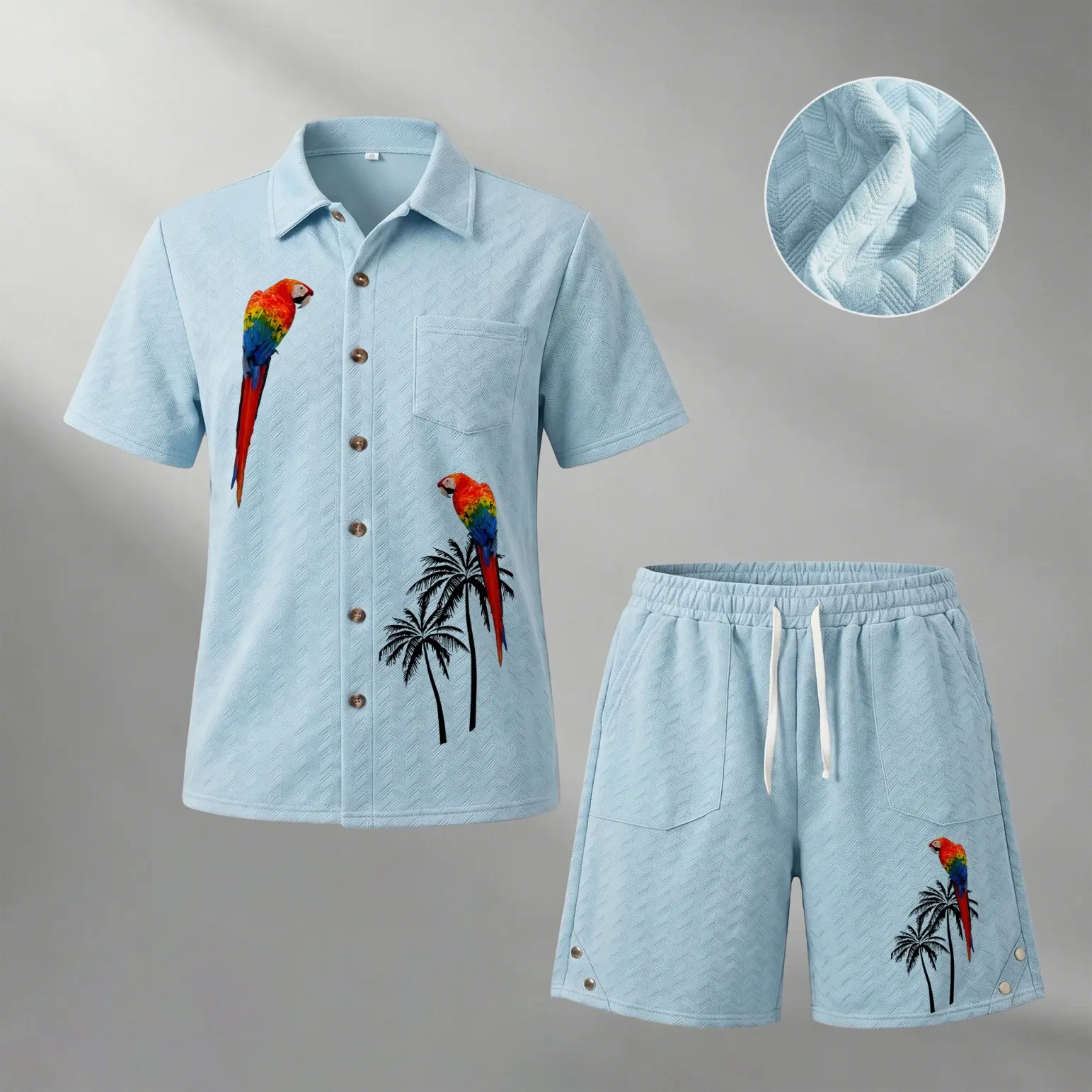 Women's 2-Piece Waffle Fabric Set - Short Sleeve Button Shirt, Parrot Graphic Print Shorts, Summer Casual Tropical Vacation Outfit, Collared Neck, Tropical Clothing, Graphic Set, Two-Pieces
