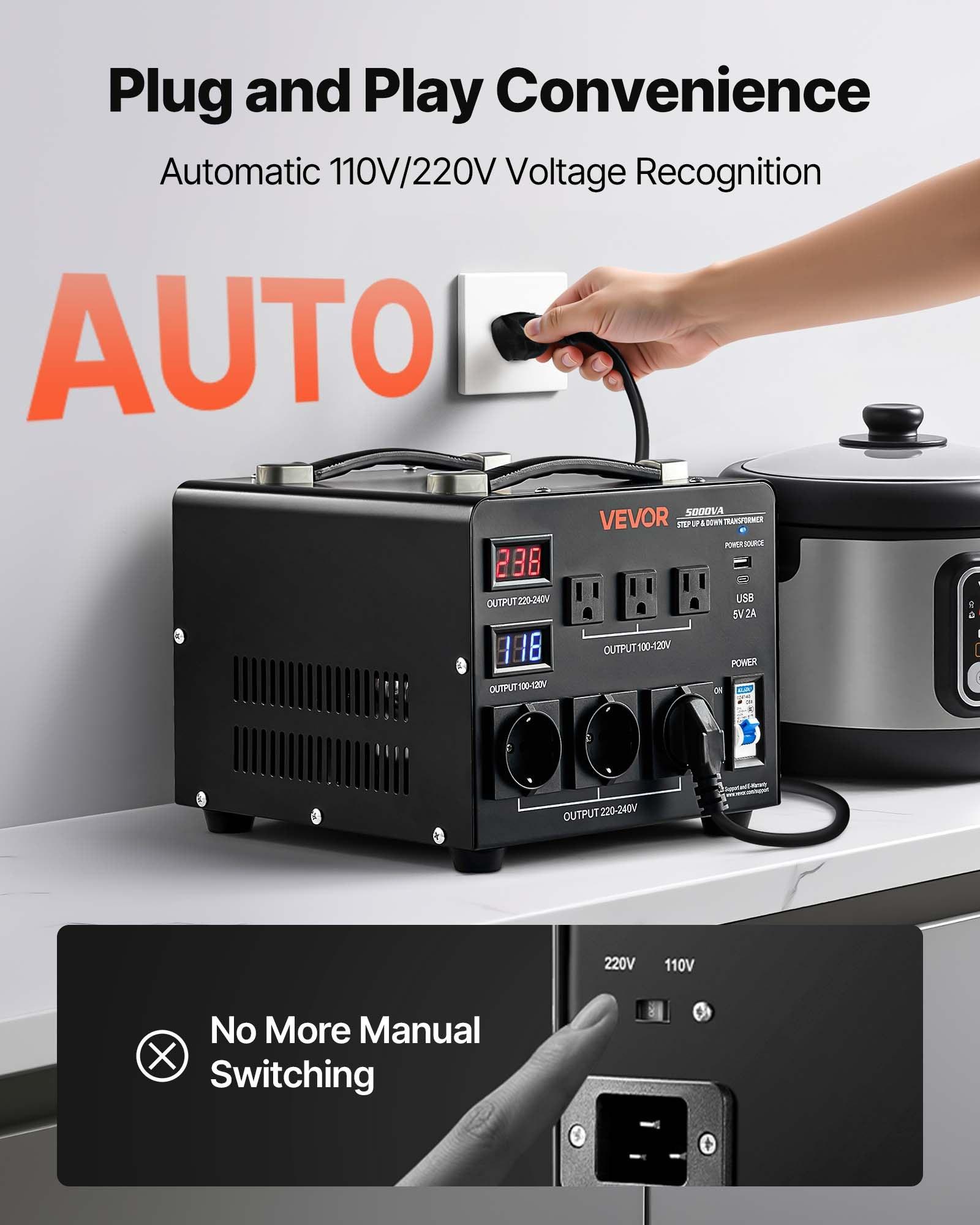 VEVOR Voltage Auto Converter Transformer, 5000VA, Heavy Duty Step Up/Down Power Transformer, 110V to 220V and 220V to 110V, with 3 US Outlets, 3 EU Outlets, LCD Display, Circuit Breaker Protection VEVOR Voltage Auto Converter Transformer, 5000VA, Heavy Duty Step Up/Down Power Transformer, 110V to 220V and 220V to 110V, with 3 US Outlets, 3 EU Outlets, LCD Display, Circuit Breaker Protection