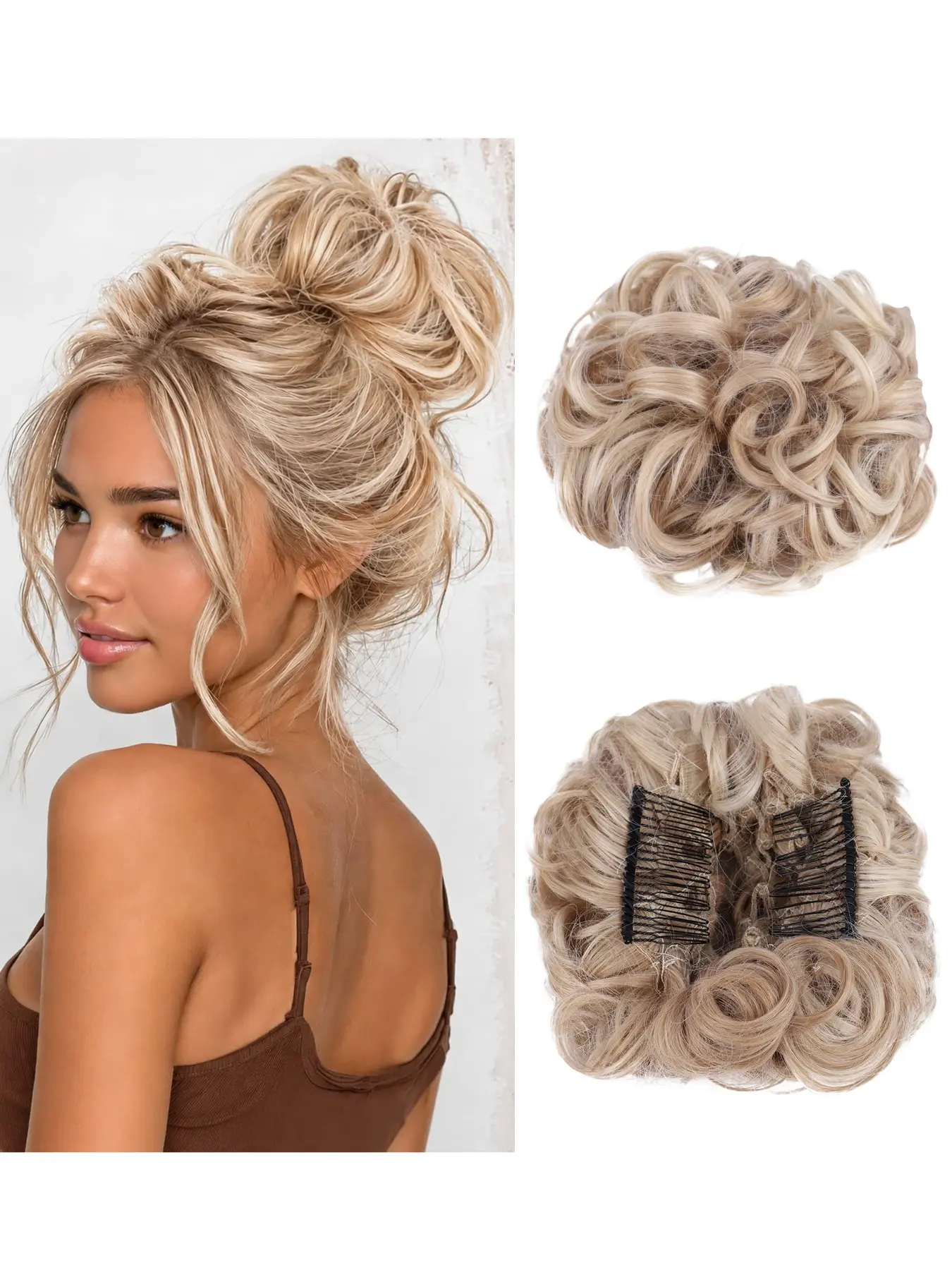 Lazy Bun Hair Clip with Comb Teeth, Wavy Voluminous Ponytail Holder, Synthetic Large Capacity Hairpiece, Women's Messy Curl Blossom Head, Sand Blonde, Thick Hairpiece