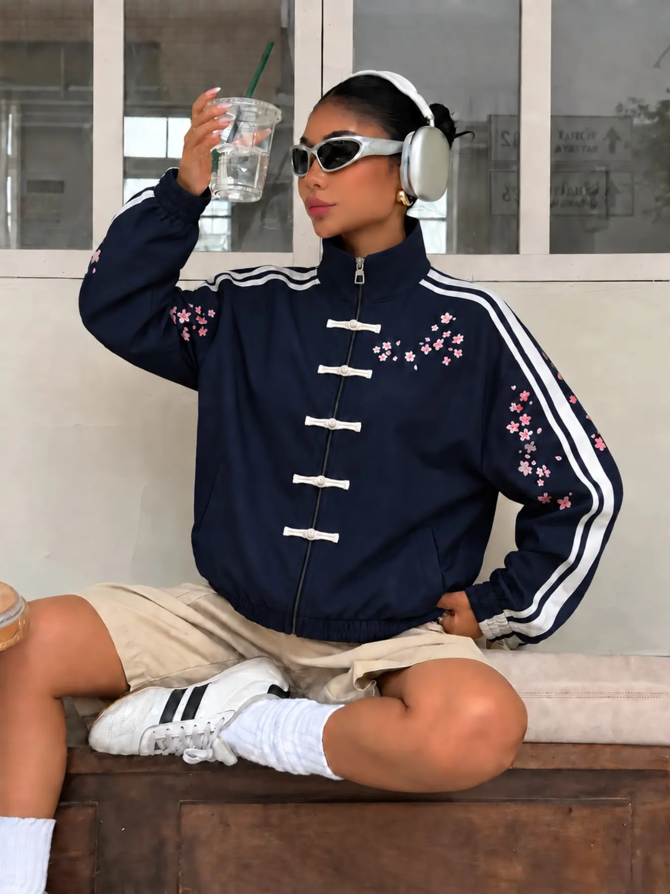 Women's Vintage Navy Floral Bomber Jacket, Frog Button Detail, Side Stripes, Casual Loose-Fit Outerwear, Y2K Style, Long Sleeve