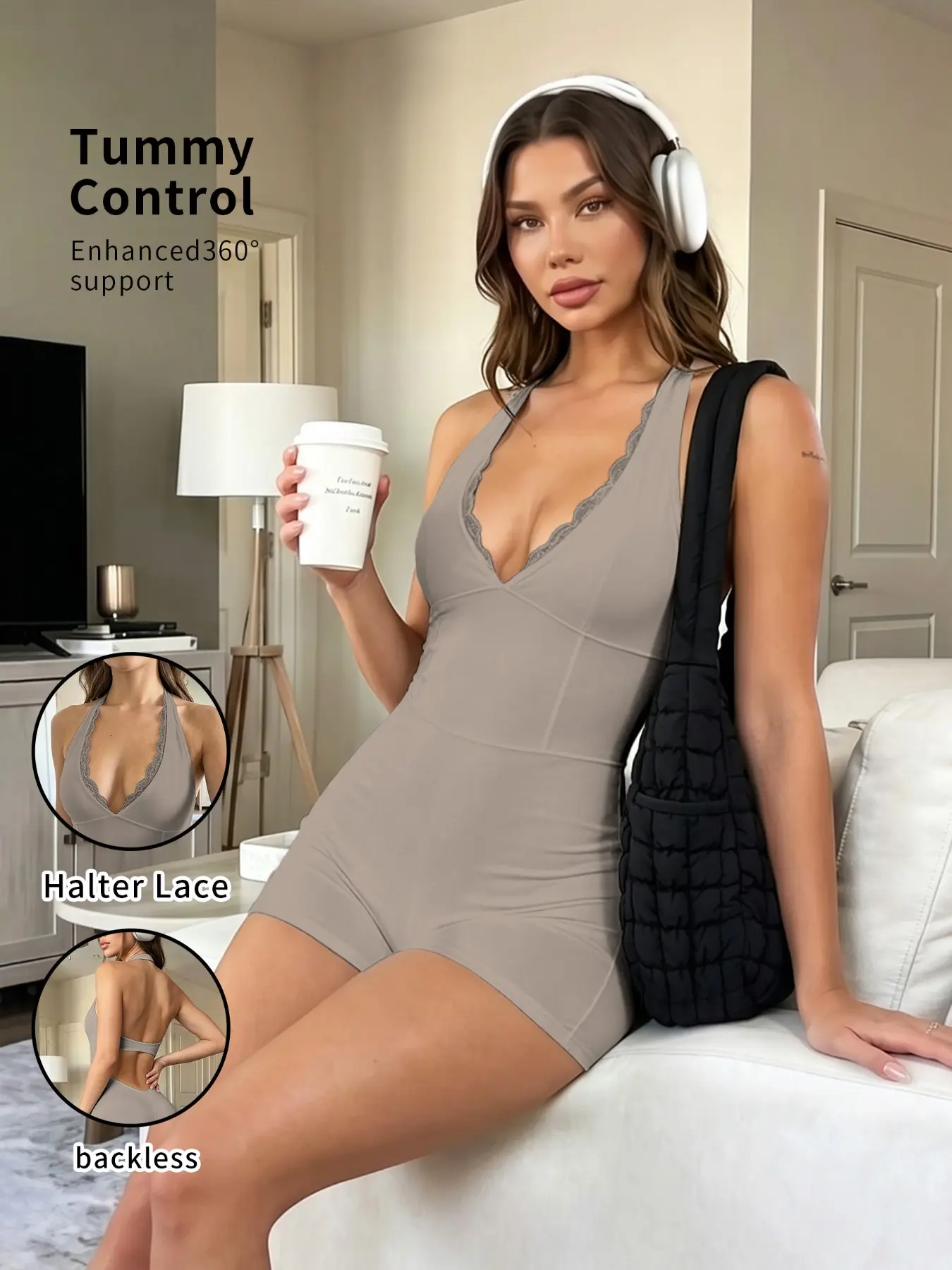 Women's Lace Bodysuit Gym Yoga Set, Backless Halter Neck Waist-Exposed Sports Jumpsuit, Detachable Padded Bra, Fashionable Workout, Knit Yoga Jumpsuit