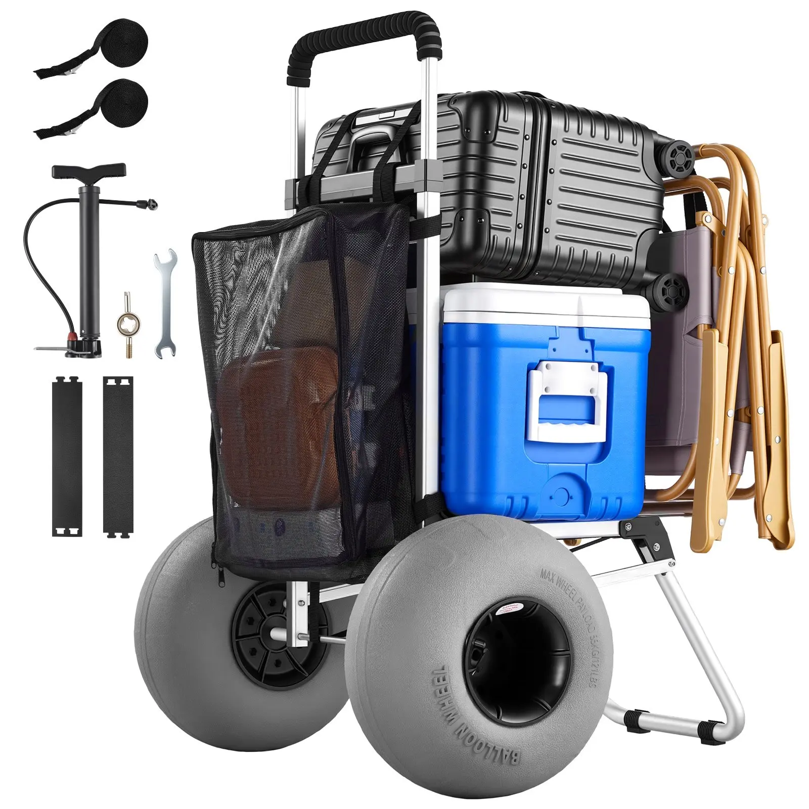 【Summerfinds】VEVOR Heavy-Duty Aluminum Alloy Beach Dolly, Foldable Sand Cart with 20x15 in Cargo Deck, 12 in Balloon Wheels, 165 lbs Capacity, 34-46 in Adjustable Height, Foam Handle, Pump Inflation Limiter, 27x31x(34-46) in Dimensions for Beach Camping