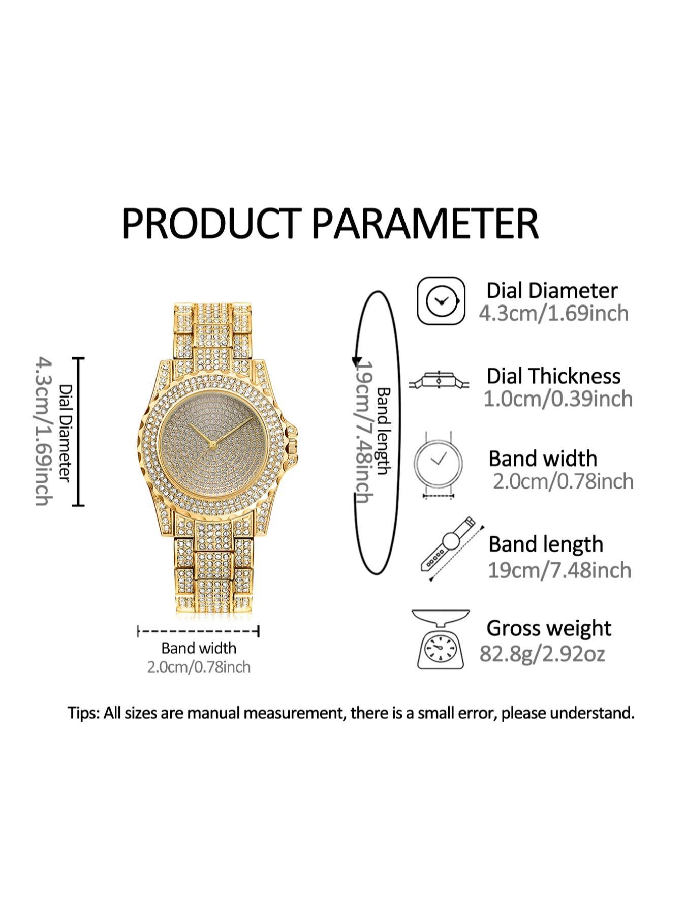 Men's Luxury Rhinestone Decorated Watch & Jewelry Set, Including Round Dial Analog Quartz Watch & Cuban Chain Bracelet & Necklace, Fashion Watch Set for Party, Daily Decor, Exquisite Watch Set for Gift