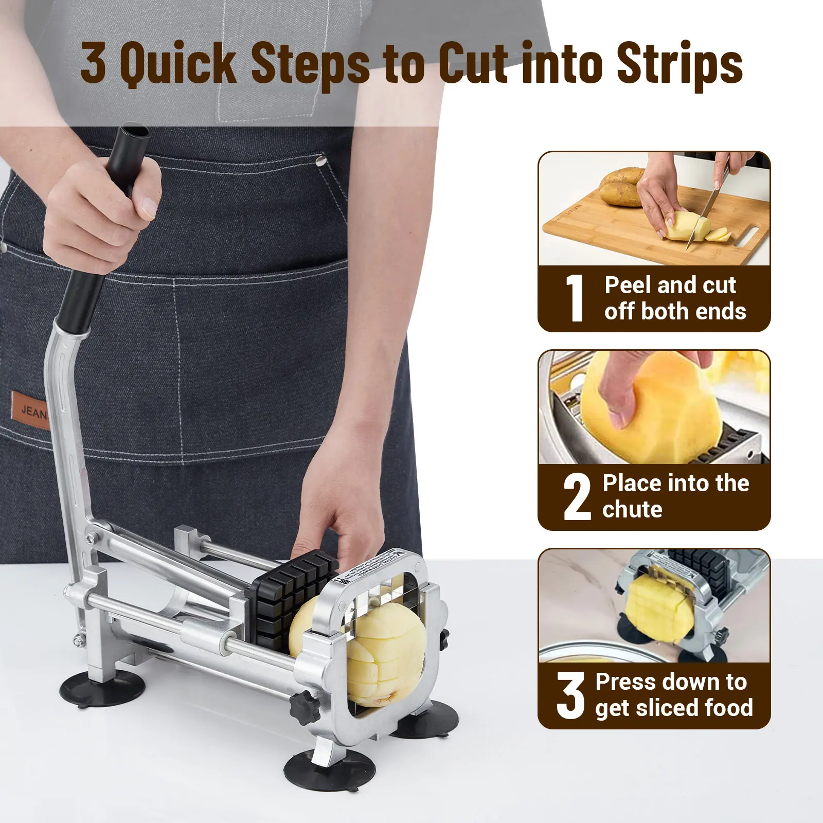 Garvee Commercial Manual Vegetable Chopper & Dicer - Heavy-Duty French Fry Cutter w/ Stainless Steel Bowl - 4 Interchangeable Blades (1/4, 3/8, 1/2 in) for Potato, Onion & Tomato