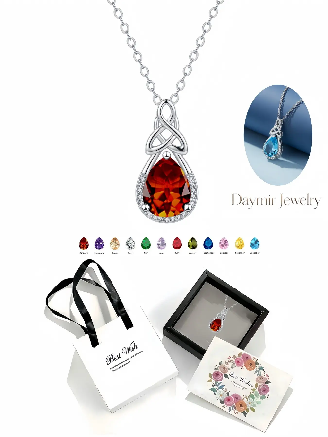 Dawn Eternal Knot Silver Necklace with Celtic witch knot teardrop pendant and 12 birthstones for ladies. Paired with delicate drawer jewelry box, great gifts for birthday, Mother’s Day, Valentine’s Day, Christmas and anniversaries.