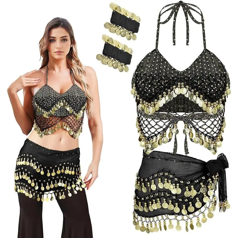 3 count Gypsy Costume  Dance Outfit Sets 128   Scarf Sexy Bra Top with Wrist Bracelets