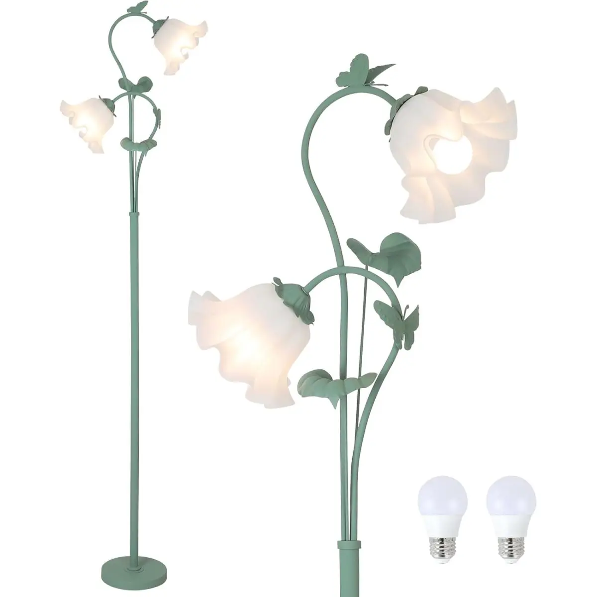 Flower Floor Lamp for Living Room, Vintage Floor Lamp with 2 LED 5W Blubs, Foot Switch, Green Standing Lamp with Acrylic Shade, Unique Floral Tall Lamp for Living Room Bedroom Corner Office