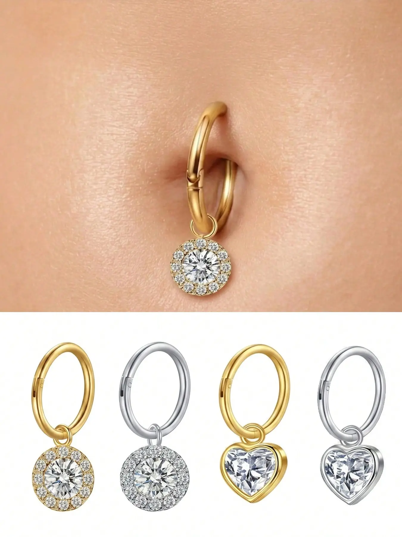 4pcs 16G Clicker Belly Button Ring Stainless Steel Dangle Heart CZ Belly Ring 10mm Navel Rings Belly Piercing Jewel Body Jewelry Silver Gold for Daily