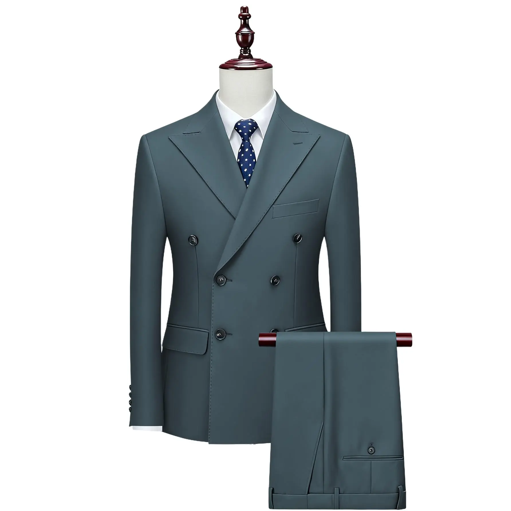 Men's 2-Piece Double Breasted Suit Set - Peak Lapel Long Sleeve Blazer with Pocket & Pants, Slim Fit Elegant Menswear, Polyester-Viscose Blend, Casual, Classic, Tee, Chic, Split