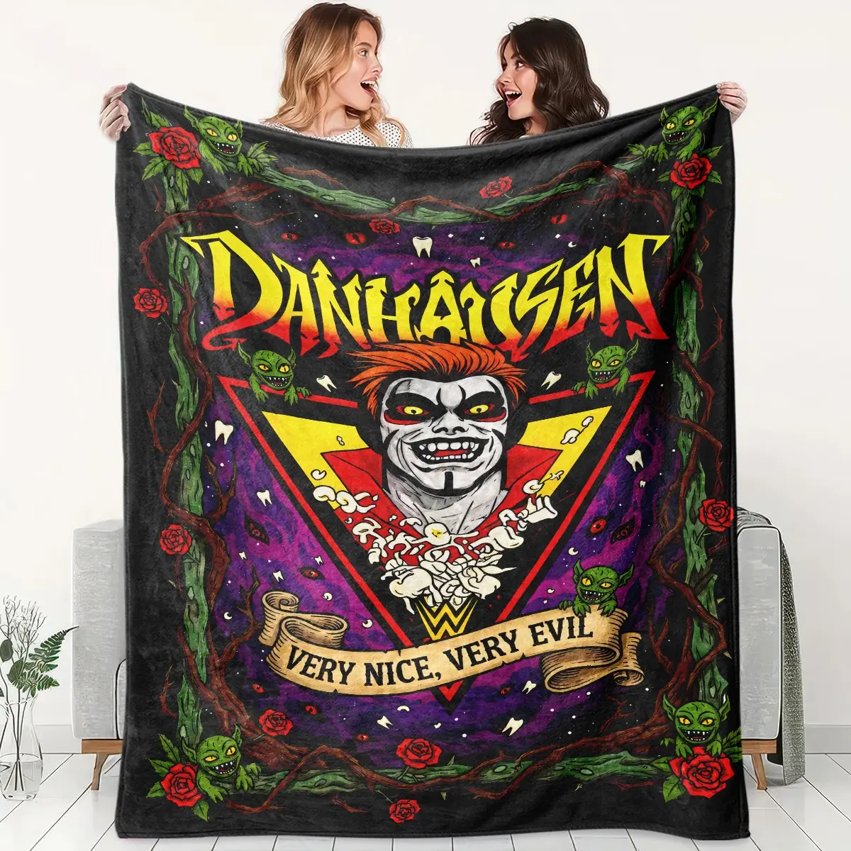 1pc Danhausen Wrestler Dark Retro Fleece Blanket, Purple Background Vine Red Rose Goblin American Horror Cartoon Art Print, Soft Warm Nap Throw For Sofa, Bed, Office, Camping, Perfect Halloween Gift