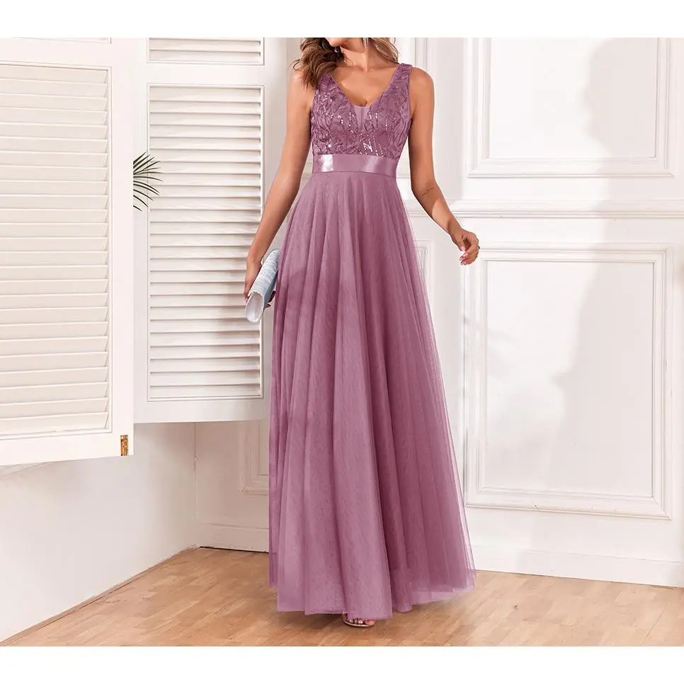 Viral 26 Colors Patchwork Embroidery Tulle Maxi Dress Double V Neck Stretch Waist Flowy A Line Evening Gown For Party & Prom