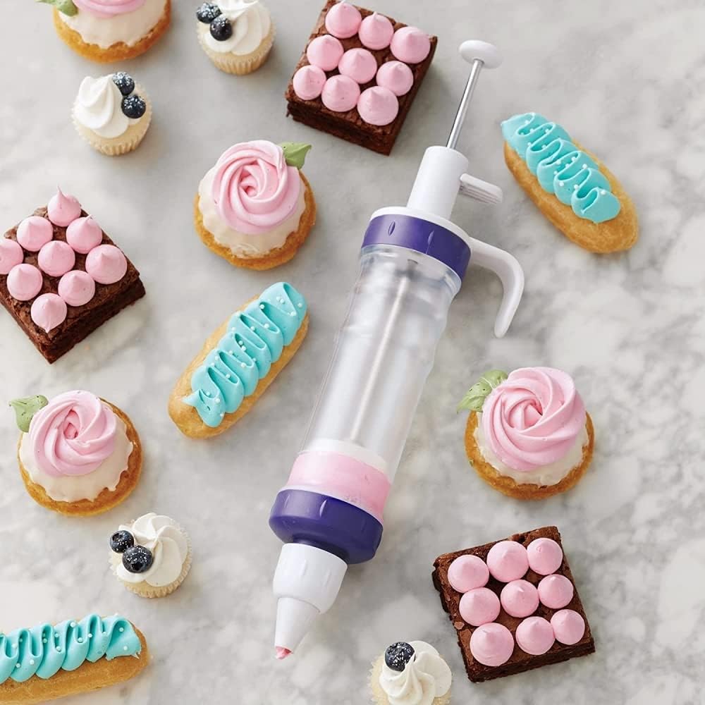 Dessert Decorating Kit – Includes Plunger-Style Tool, 2 Couplers, 1 Filling Tip & 4 Decorating Tips, Plastic, White & Purple