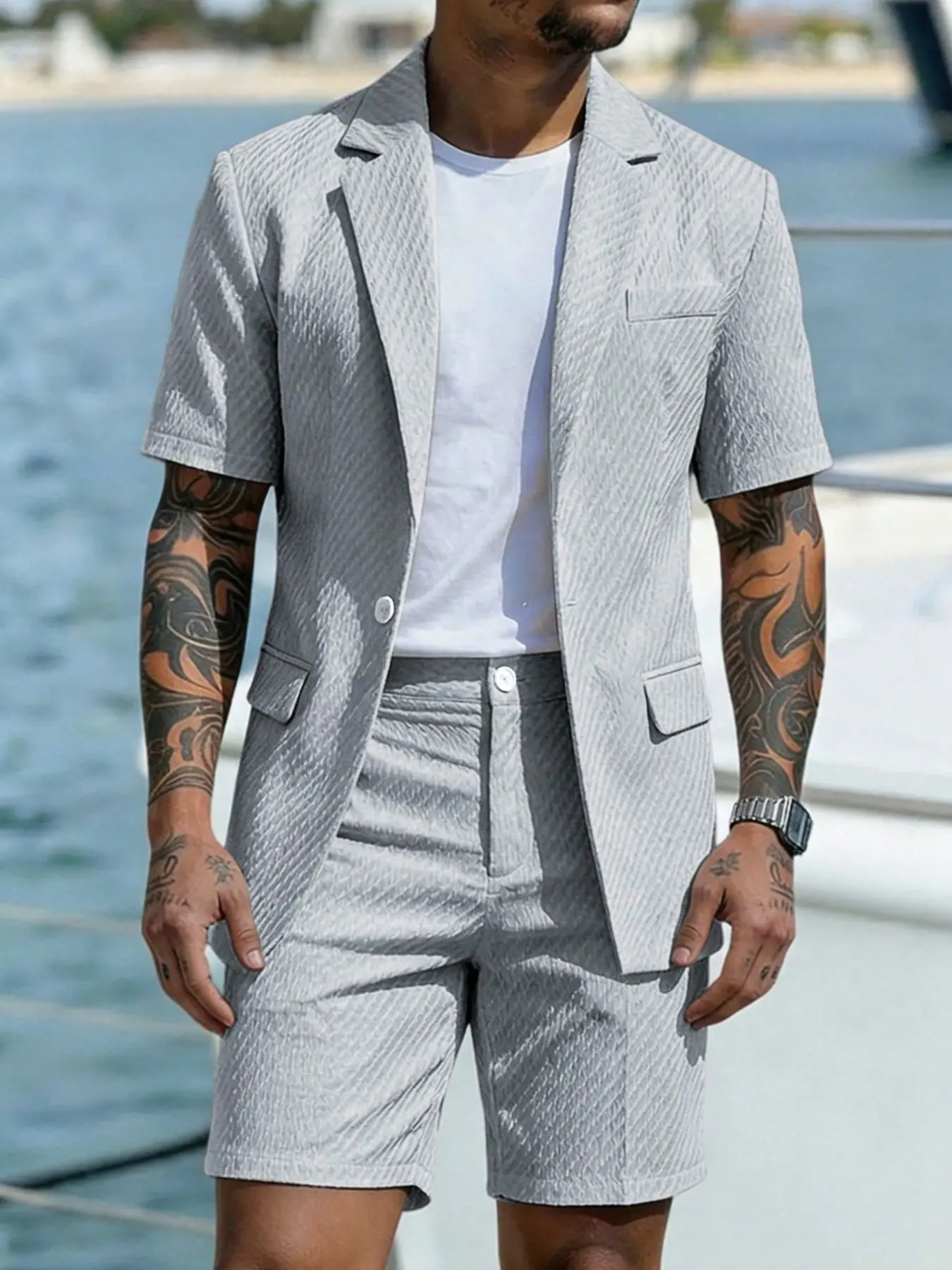 Men's 2-Piece Short Sleeve Fitted Blazer Set with Loose Shorts, Casual Fashion, Perfect Gift for Male Friends, Spring & Fall Wear, Clothes