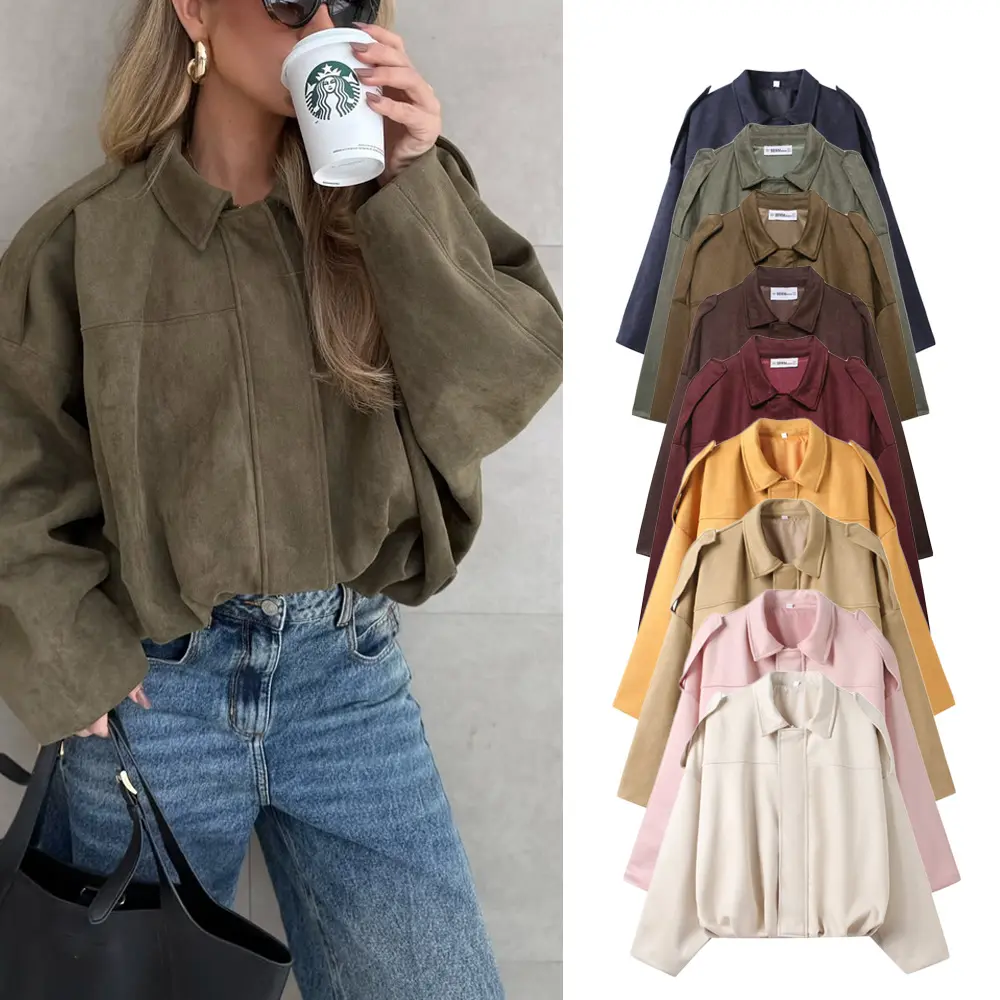 Women’s Oversized Faux Suede Bomber Jacket, Zip Up Cropped Fall Coat with Collar, Vintage Y2K Casual Streetwear Outerwear, Trendy Autumn Jacket for Daily Wear, Travel and Going Out