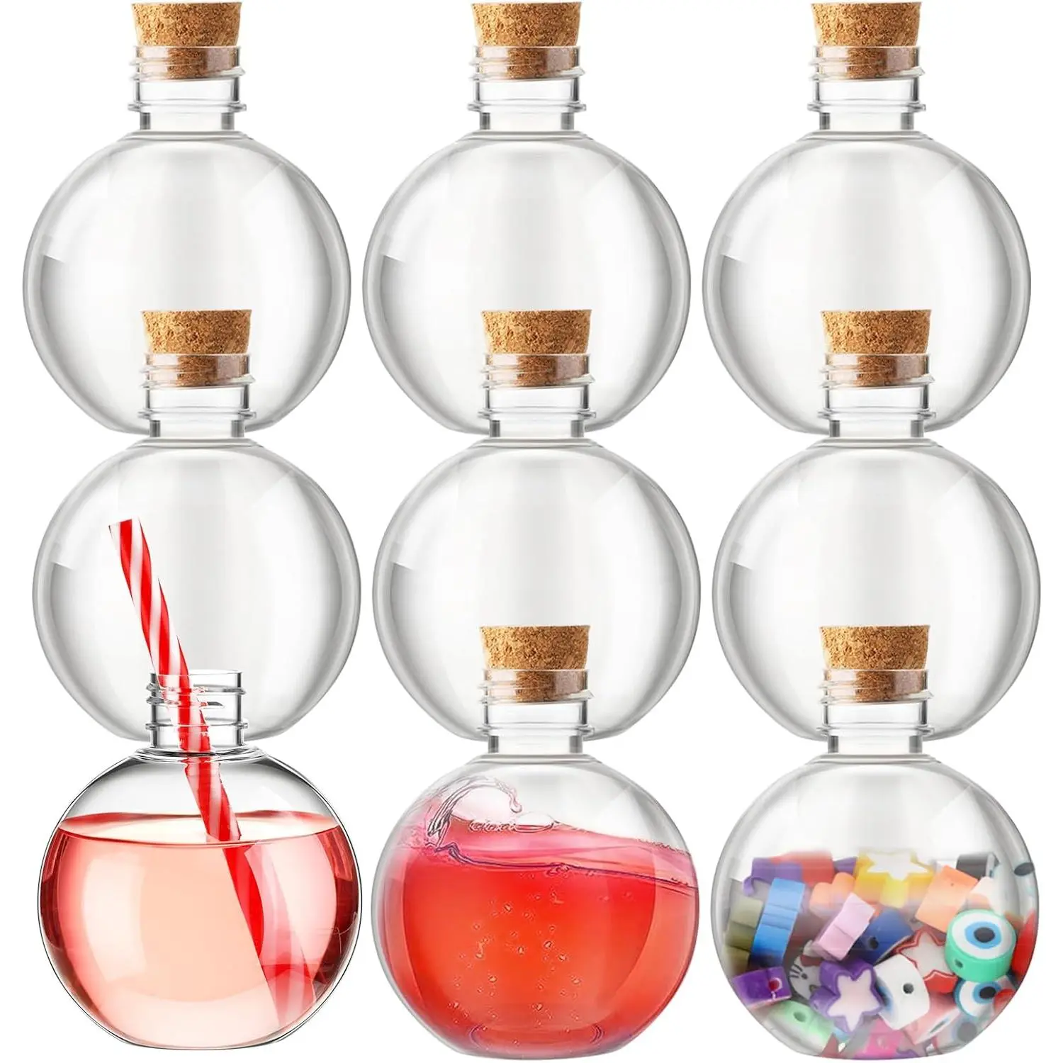 9 Sets 8 oz Spherical Plastic Clear Potion Bottles Cocktail Ornament Cups with Funnels Ball Shape Sand Bottles for Christmas DIY Wedding Party Gift Crafts Decoration (Wooden Topper)