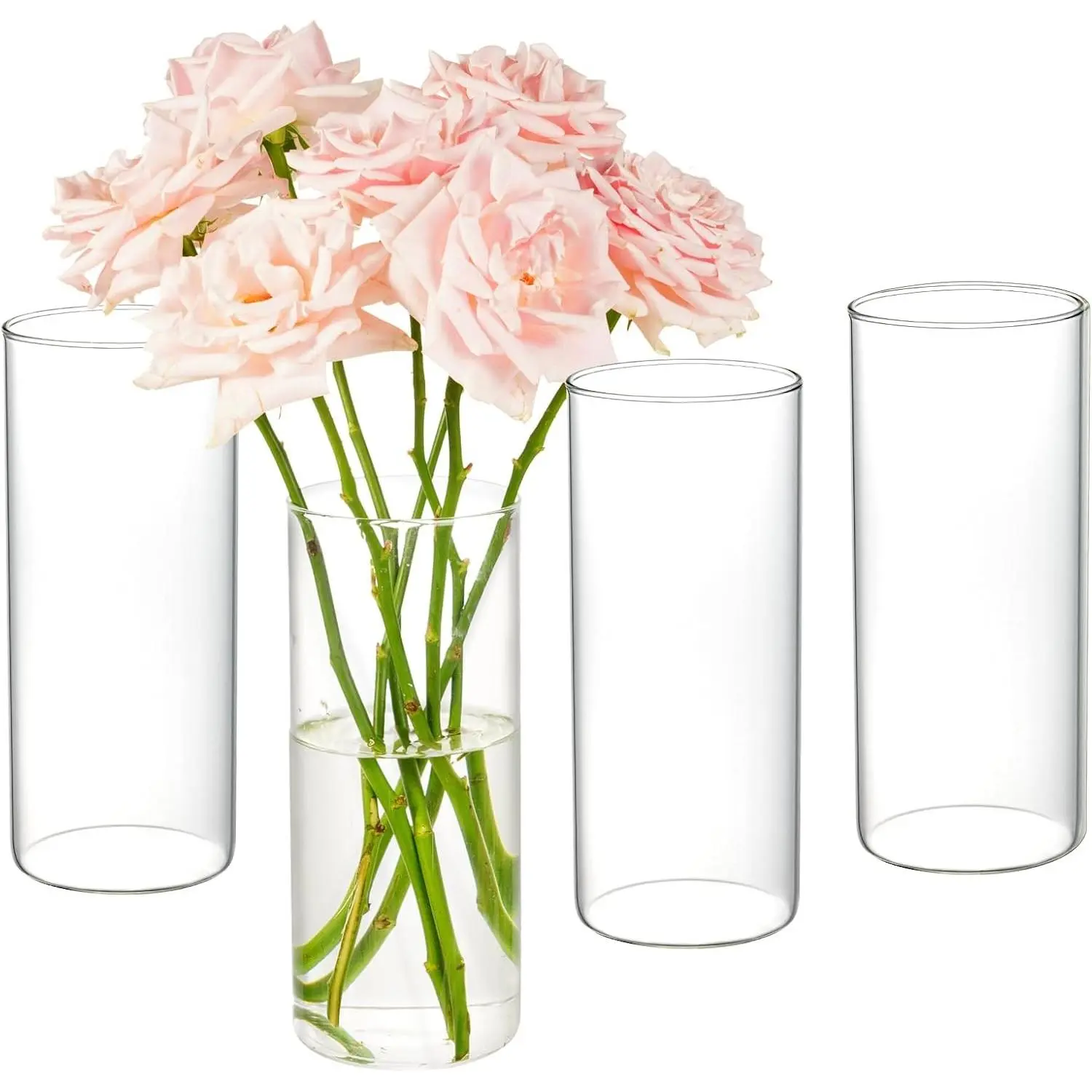 4pcs 8-in Tall Glass Cylinder Vases - Hurricane Candle Holders for Floating Candles, Wedding Table Centerpieces, Home Decoration Gift Set