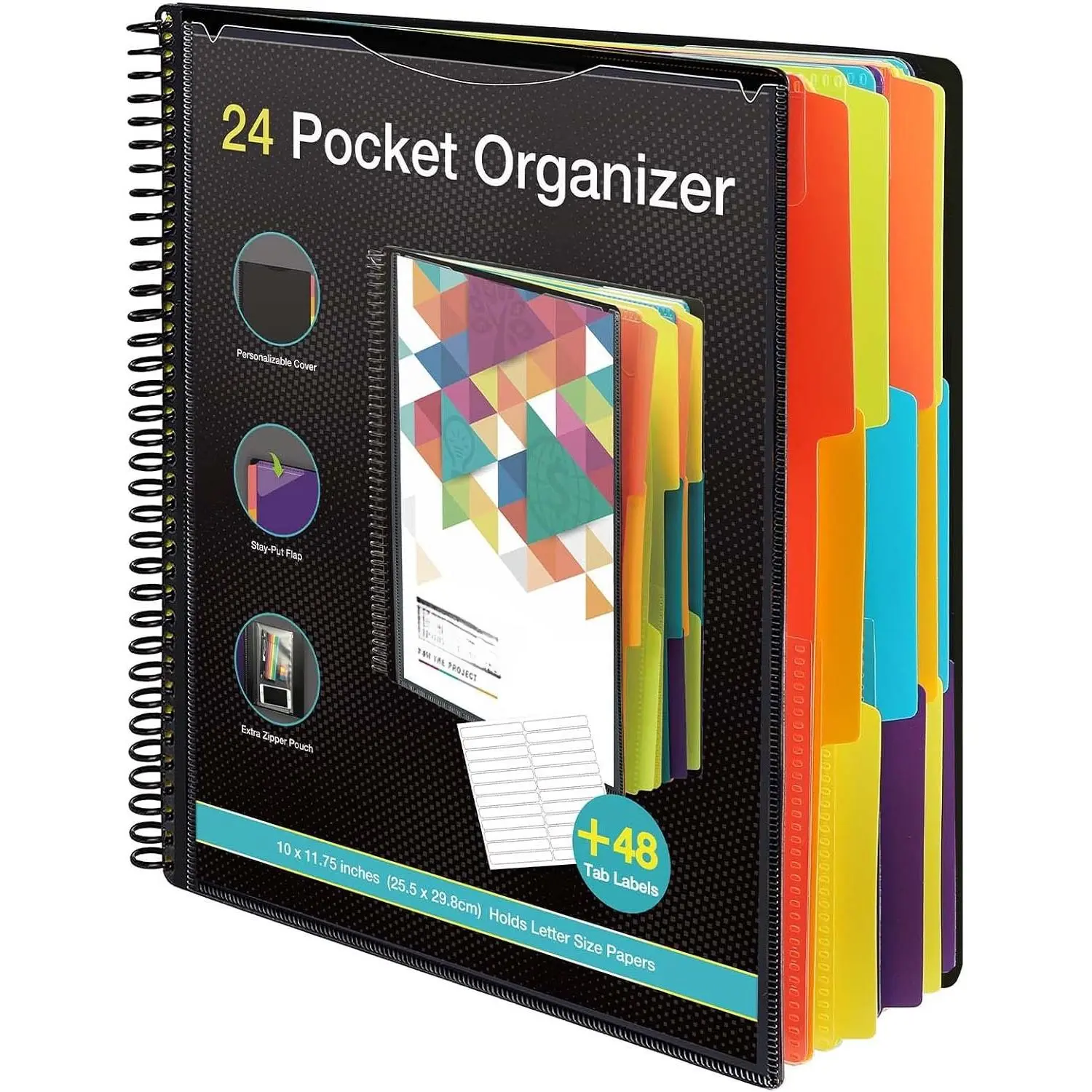 12 Pocket Project Organizer, Letter Size Spiral Binder, Black