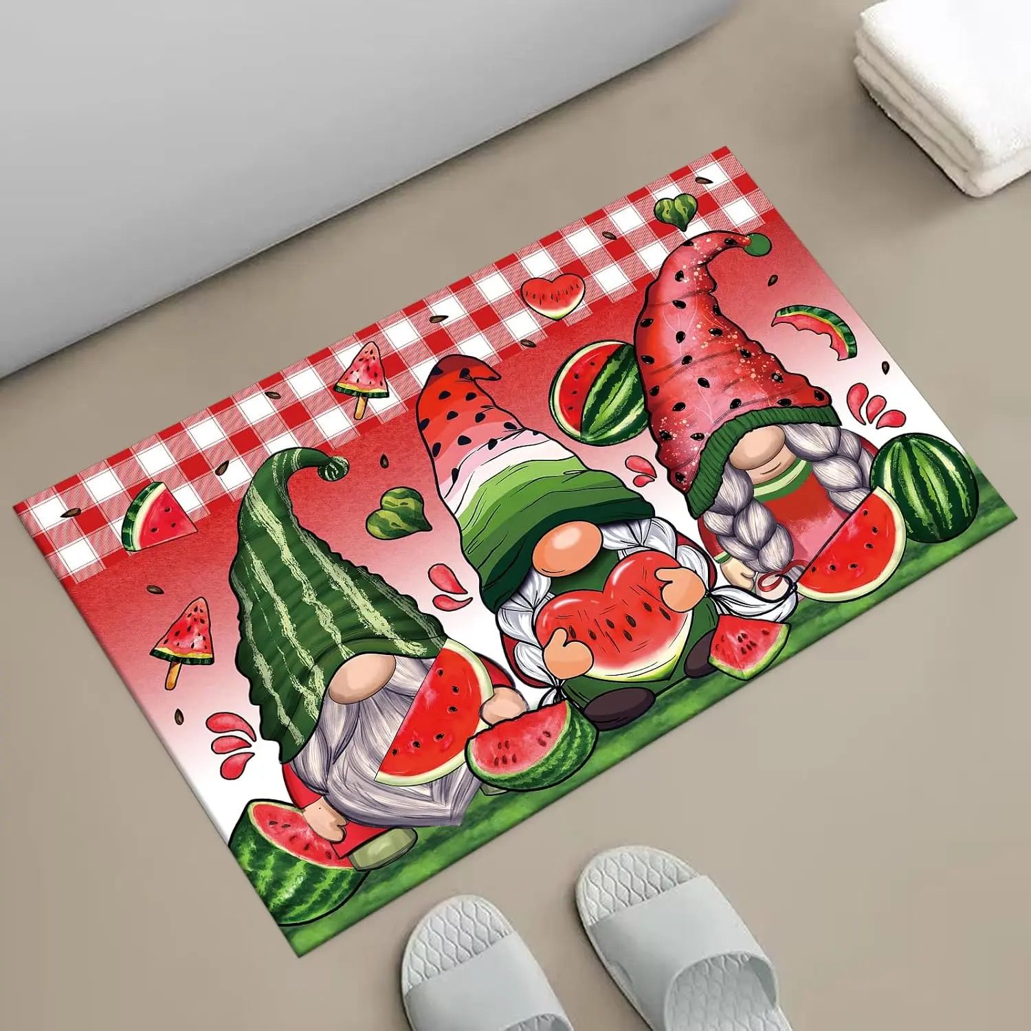 Summer  Bath Mat for Bathroom Decor, Fruit Watermelon  Bathroom Rug Non-Slip Rubber Backing Carpet, Absorbent Quick-Drying Floor Mat, Ultra-Thin Fit Under The Door,17x24 in, Red