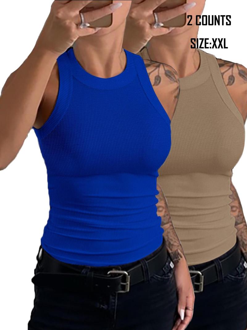 2 Counts Women's Solid Round Neck Tank Top, Casual Sleeveless Top for Summer, Ladies Clothes for Daily Wear