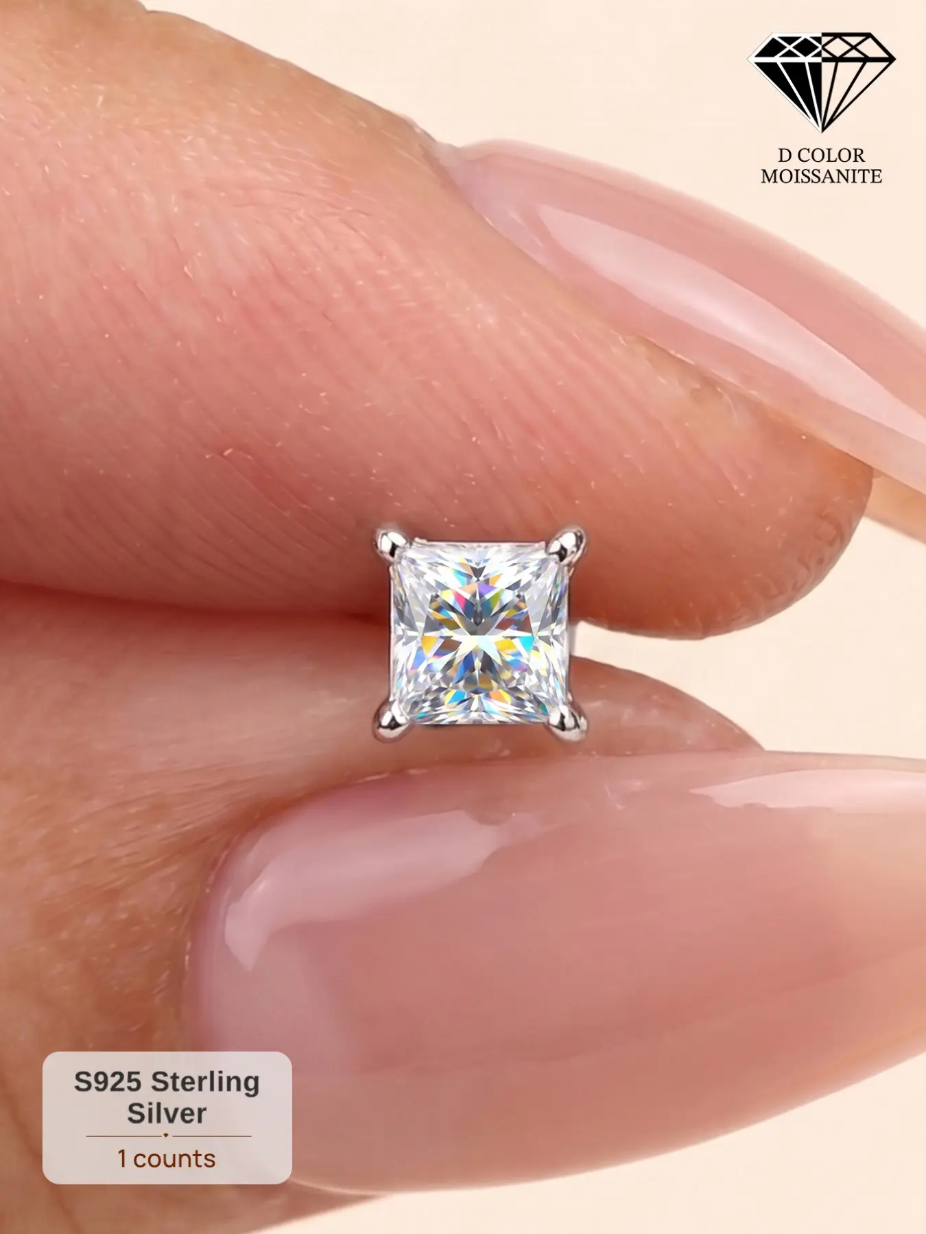 1Pc Real Moissanite D Color VVS1 S925 Silver Flat Back Studs, Timeless Bezel Princess Cut Square Stud Earrings, Diamond Alternative Fine Jewelry, Non-Tarnish Hypoallergenic, Perfect Birthday Mother’s Day Christmas Gift for Her Men Women Wedding Set