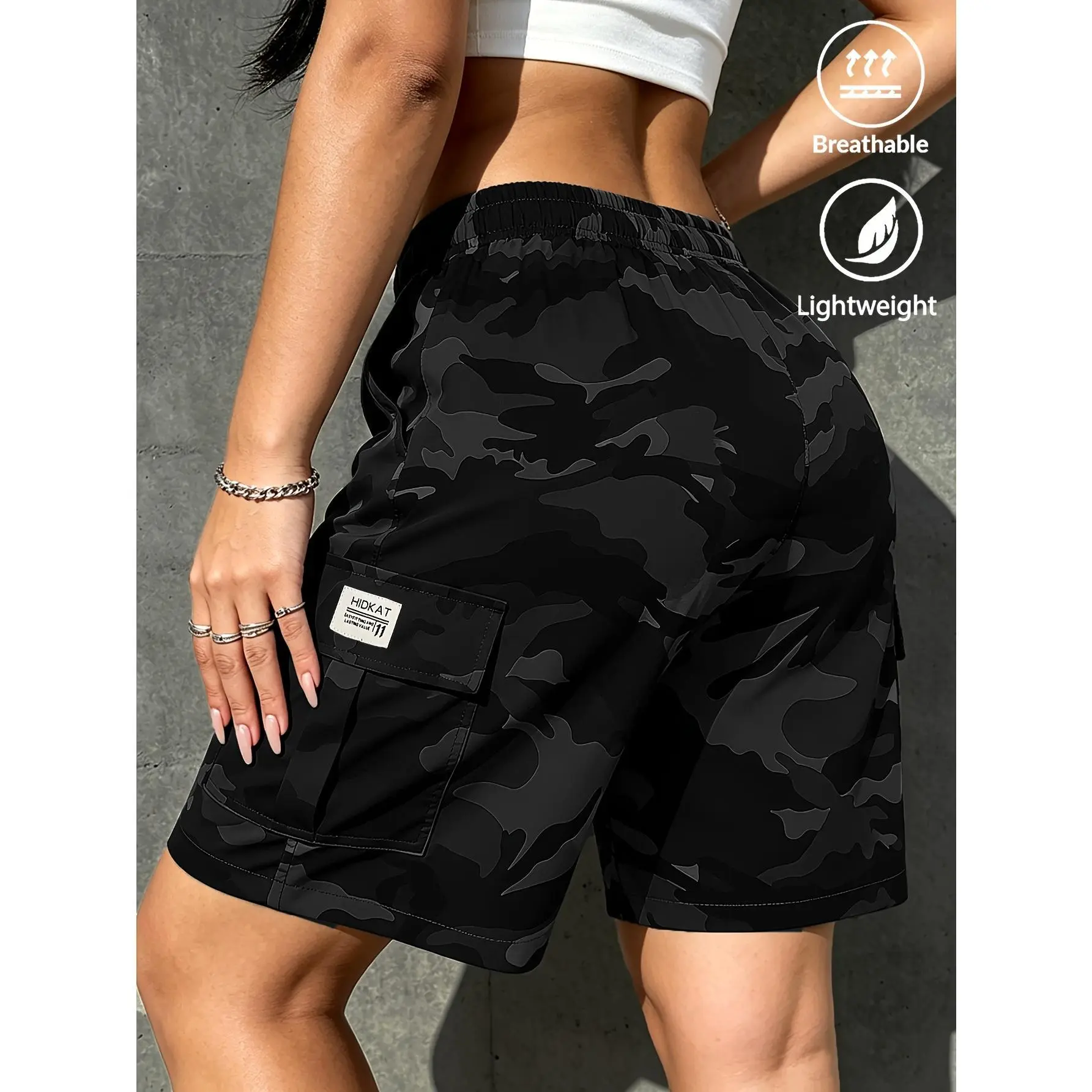 Women’s Polyester Camo Cargo Bermuda Shorts - Casual Urban Streetwear, Flap Pockets, Drawstring Elastic Waist, Lightweight Breathable Fabric, Machine Wash, for Daily Errands & Summer Outdoor Activities, Camo Shorts