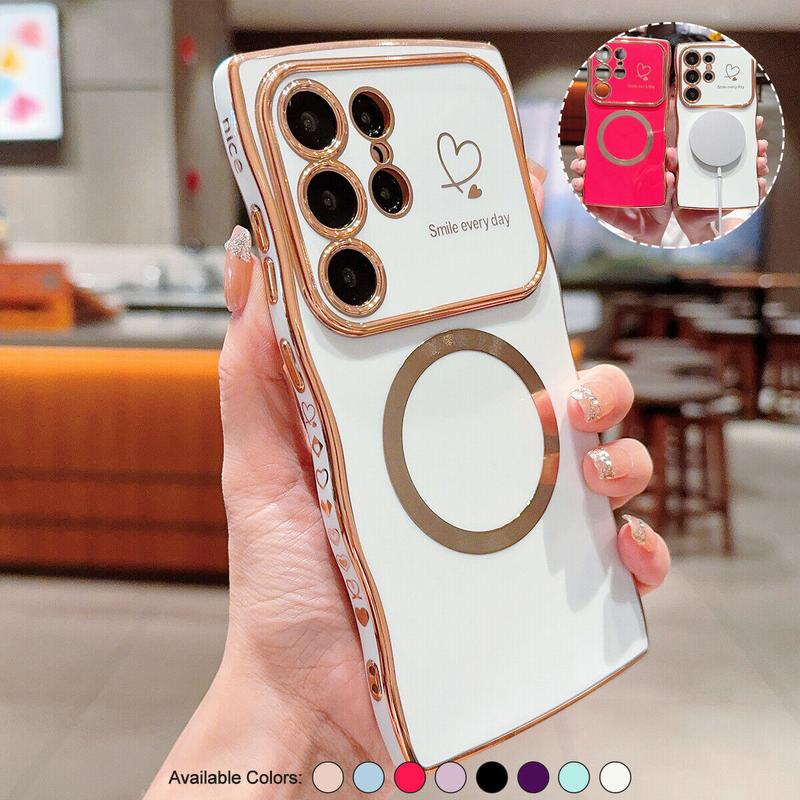 OREKROY【Freeship】Case for Samsung S25 Ultra Plus S24 S23 S22 ,Soft Wave Frame Curly Shape Magnetic Cute Love Heart Plating Phone Case with Raised Camera Lens Protection,Compatible with MagSafe Wireless Charging, Shockproof Back Cover for Women Girls