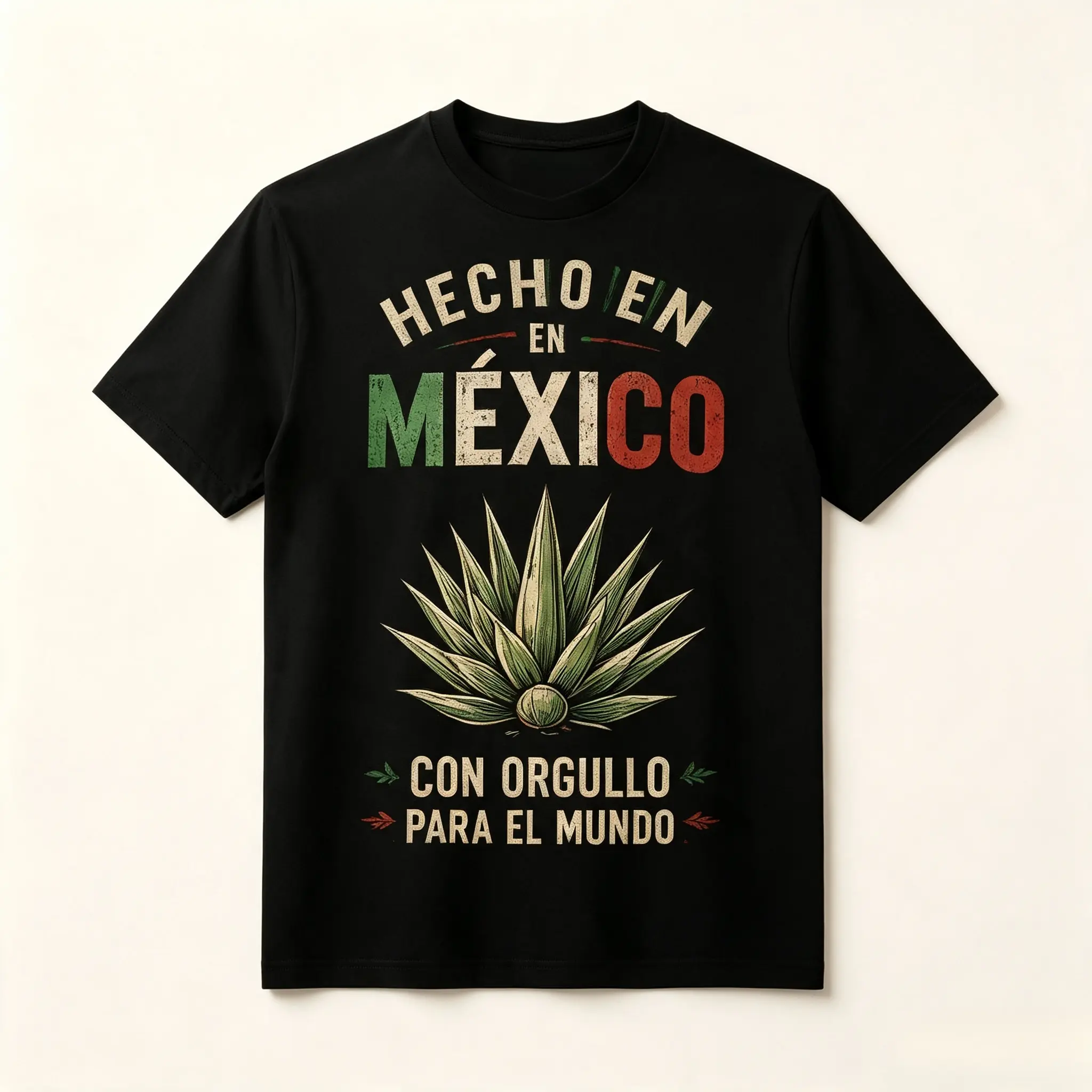 Retro Worn Texture Hecho En Mexico Agave Print Tshirt, Mexico Flag Green White Red Letter Casual Parade Family Party Top