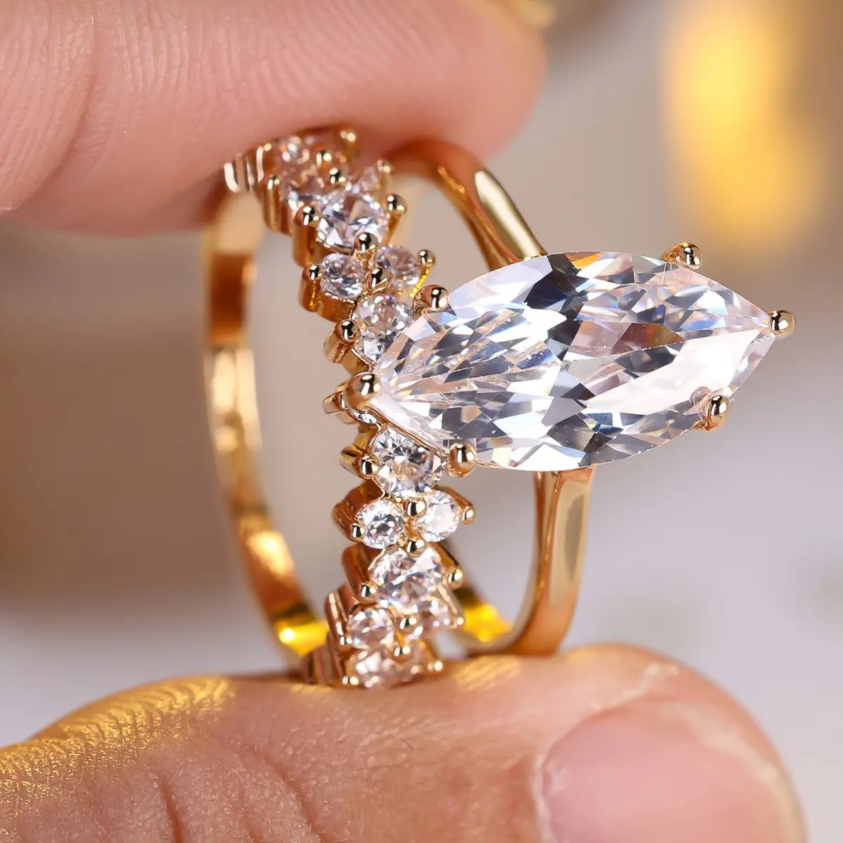 Women's Gold-Plated Copper Marquise CZ Split-Shank Ring - Double-Band Gradient Cluster Zircon Engagement Promise Wedding Jewelry Gift, Dainty