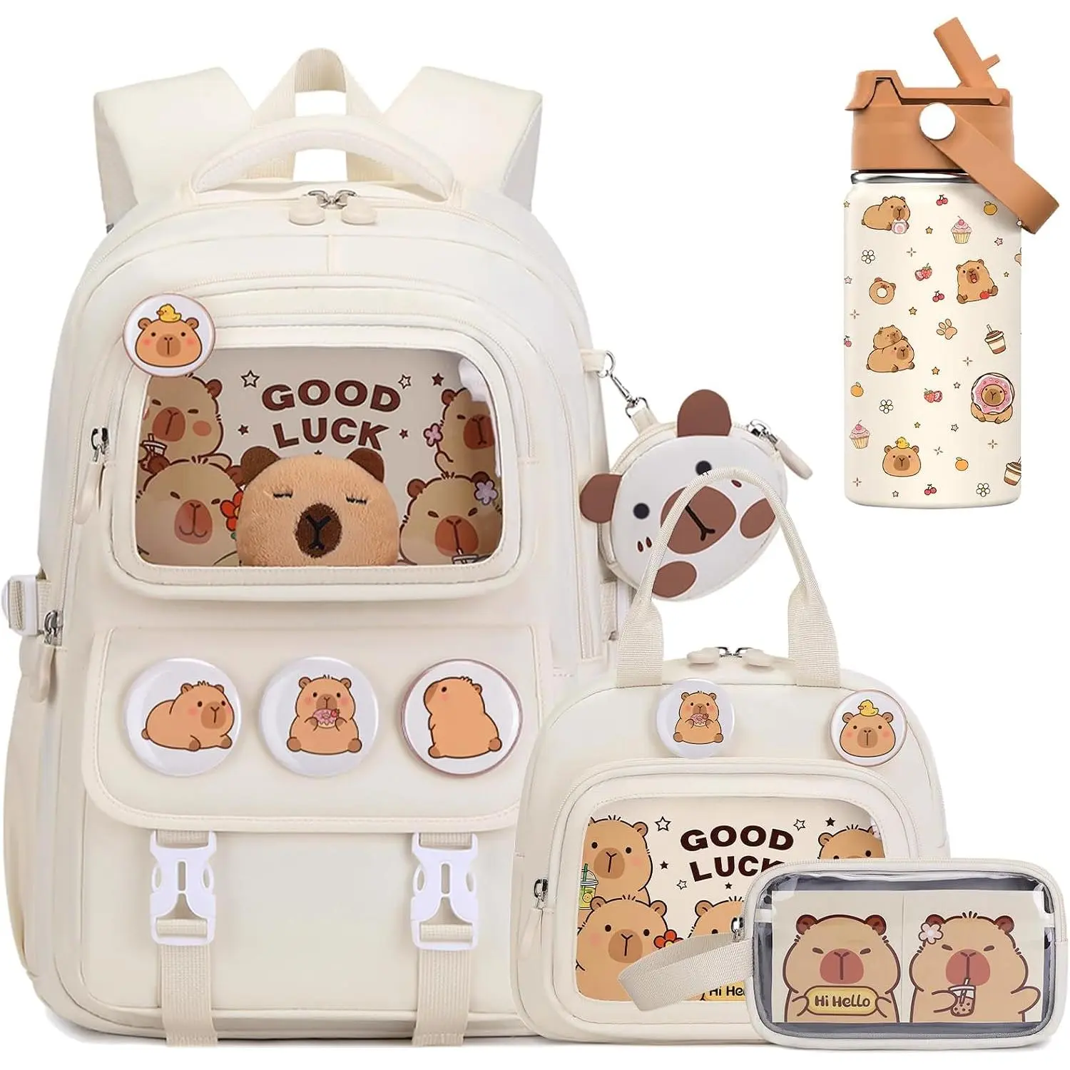 Cute Animal Capybara Backpack for Girls - 4-Pack Modern Synthetic Back to School Bag for Elementary-Middle School Travel, with 14oz Insulated Water Bottle (Beige)