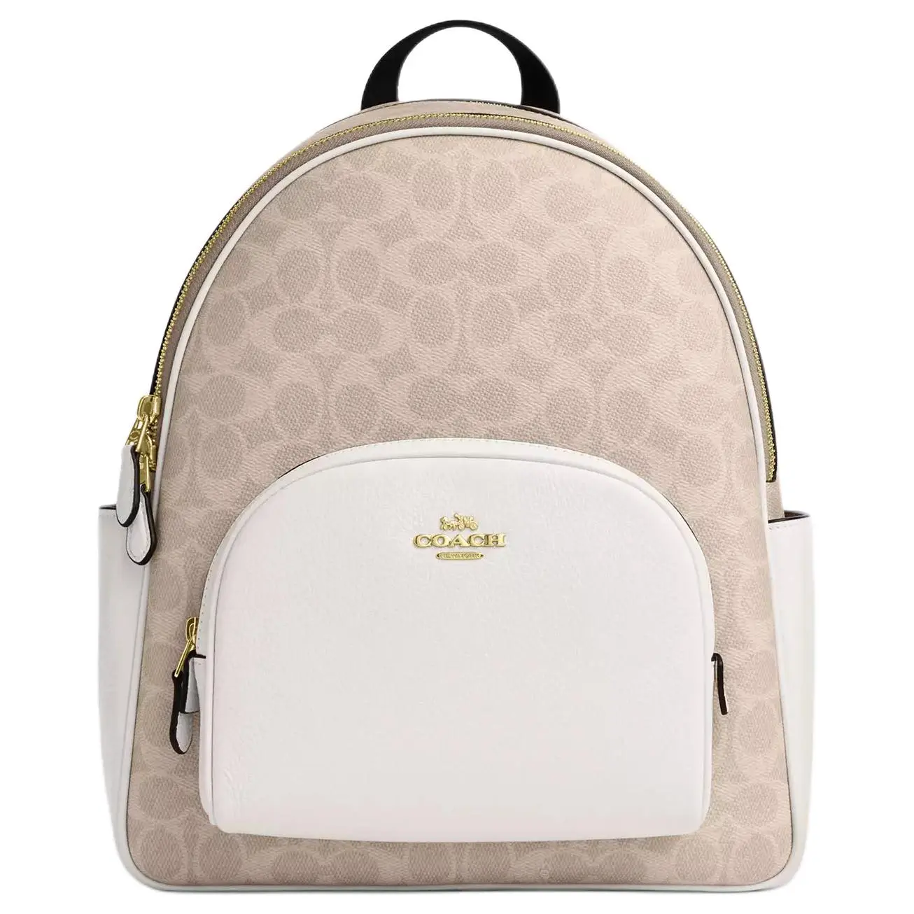 COACH Court 27 Logo-Zip Backpack for Women, Coated Canvas, Large Size, Gold Sand and Chalk Color Block