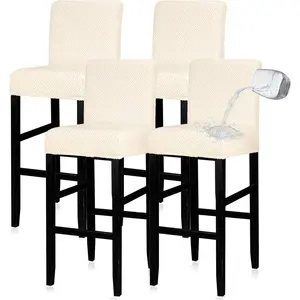 4 Pack Bar Stool Covers with Backs Waterproof Stretch Plush Bar Stool Seat Covers Slipcovers for Counter Chairs 13.8"-17.7" Wide, Removable & Washable for Pub Cafe (Beige)