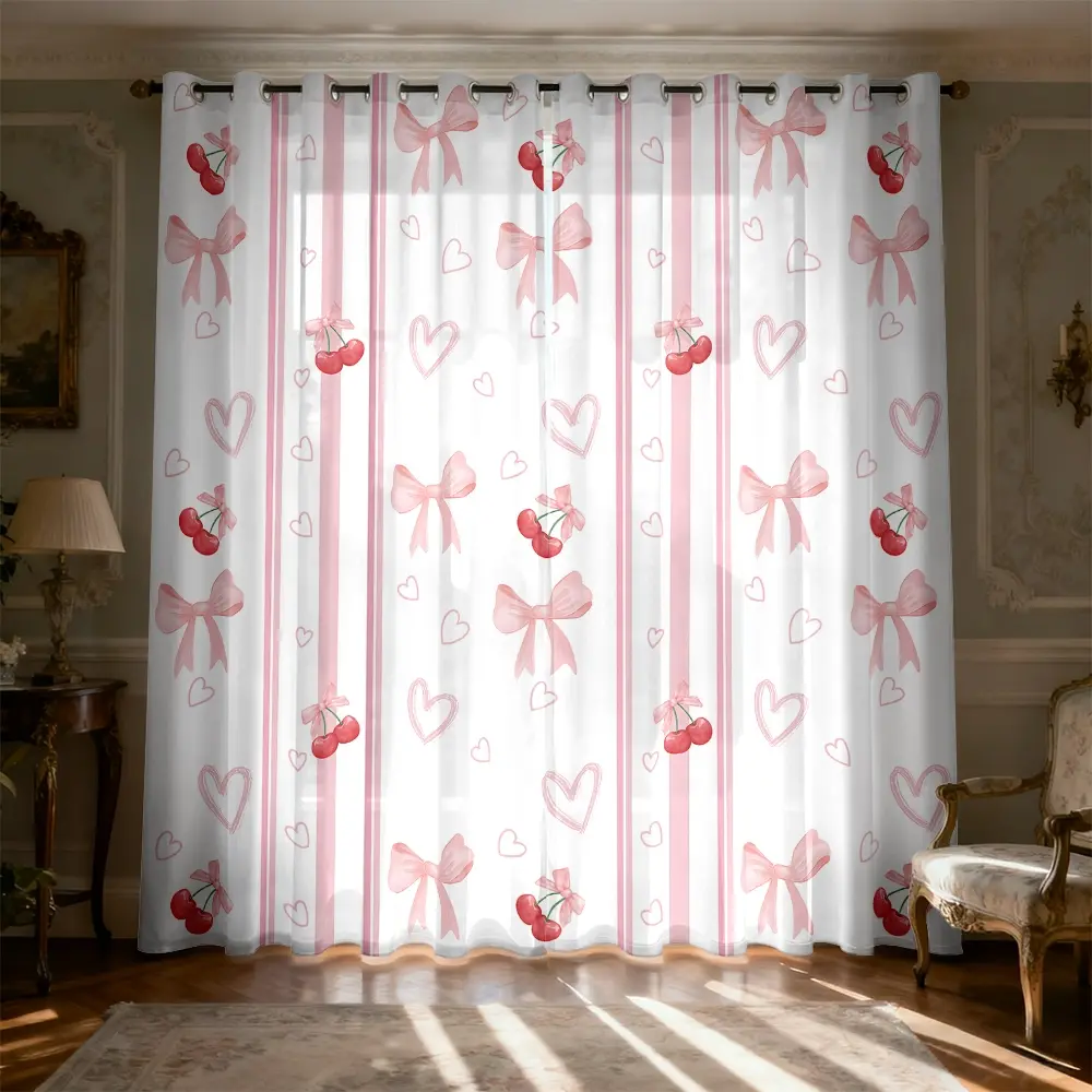 2 Panels Pink Bow Cherry Heart Striped Light Filtering Curtains, Brushed Fabric Digital Print Rod Pocket Soft Light Drapes for Living Room, Bedroom, Study Decor