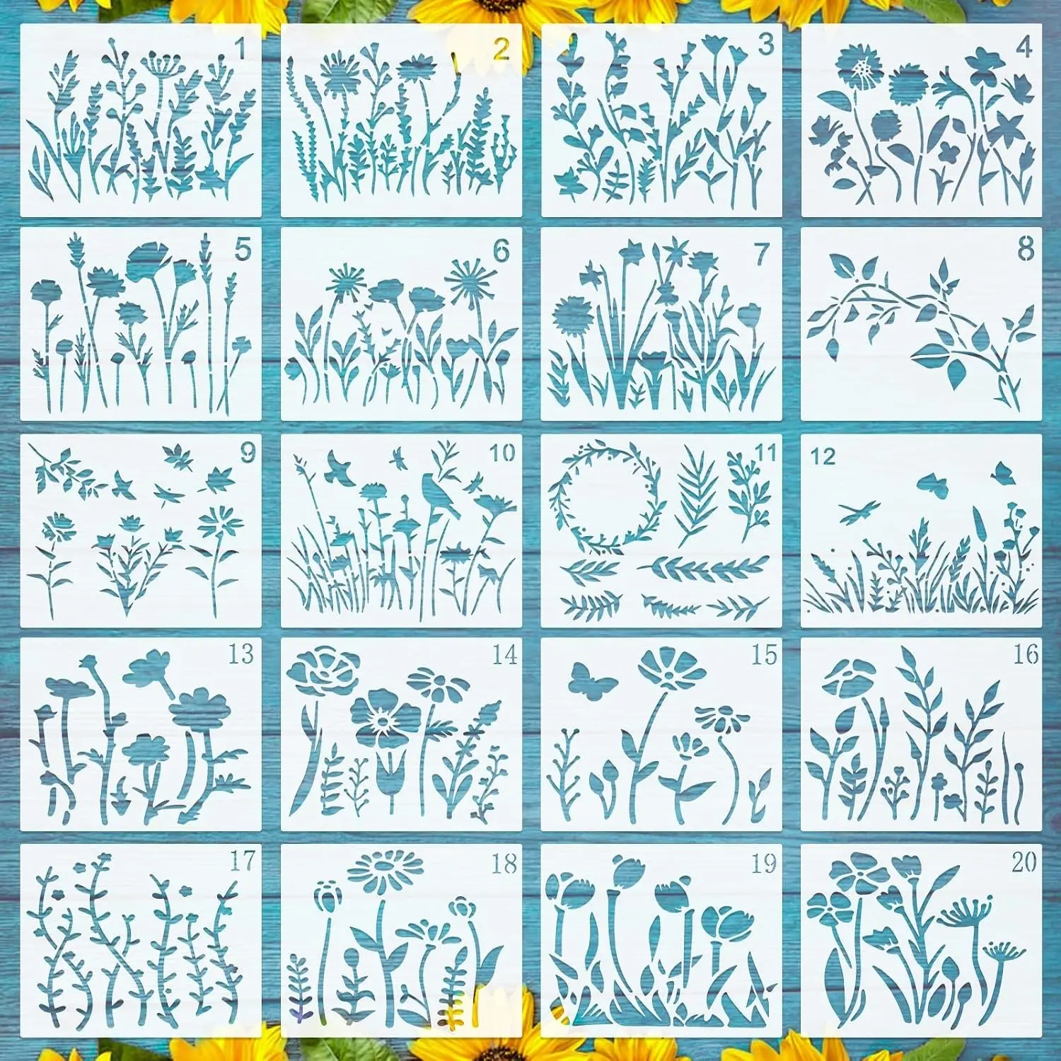 20 PCS 6 x 4.7 Inch Reusable Wildflower Stencils Set Plastic Templates for Painting on Wood Wall Rock Canvas Drawing Art Tile DIY Home Craft Decor