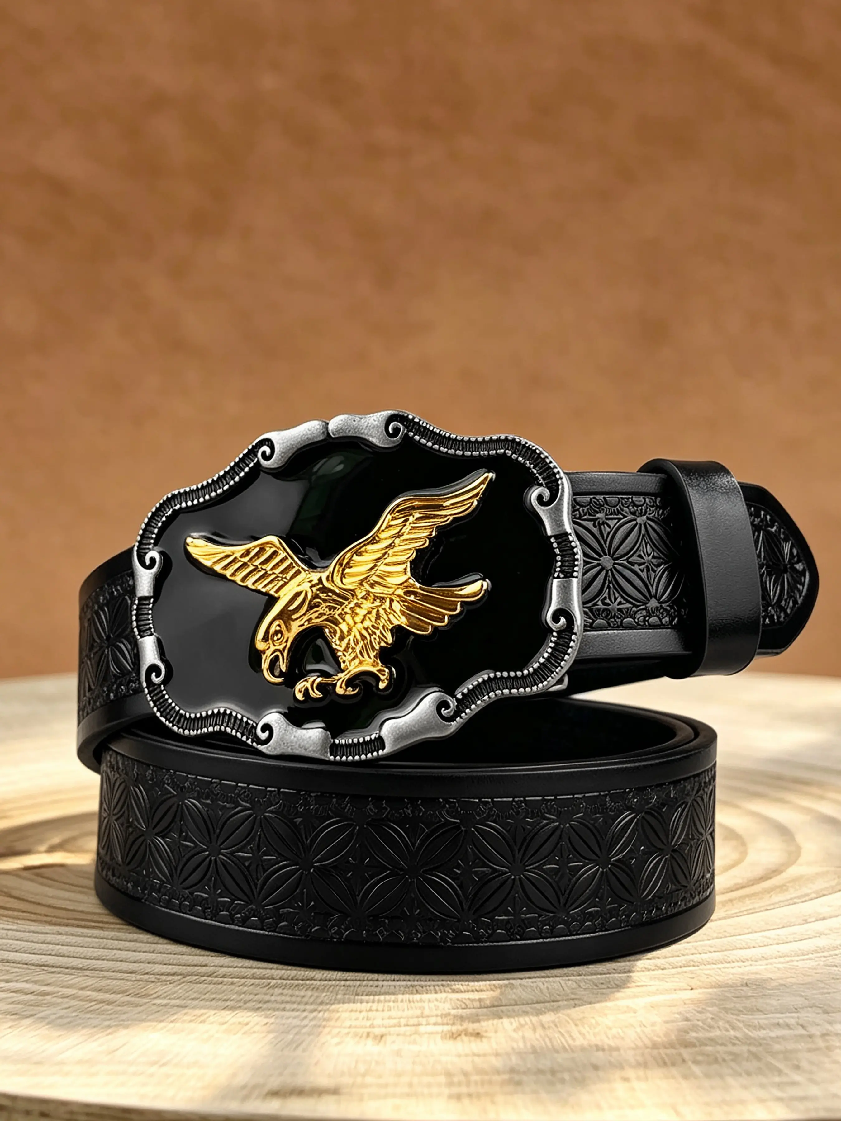 Black faced Golden Eagle Western Plate Buckle, Alloy Material, Street Style Fashion Belt, 1.46in/3.7cm Wide Personality Embossed Belt, Suitable for Outward Sports and Street Dress Belt, Western Belts