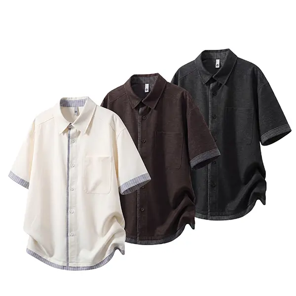 Men's Patchwork Short-Sleeve Shirt, Plaid Trimmed Collar and Hem, Loose Minimalist Summer Commuting Short-Sleeve Shirt #   Summervibes