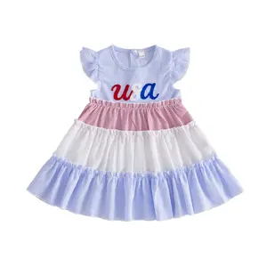 Toddler Baby Girl 4th of July Multicolor Dress Embroidered USA Fly Sleeve Ruffle Hem A Line Dresses Little Girls Independence Day Clothes