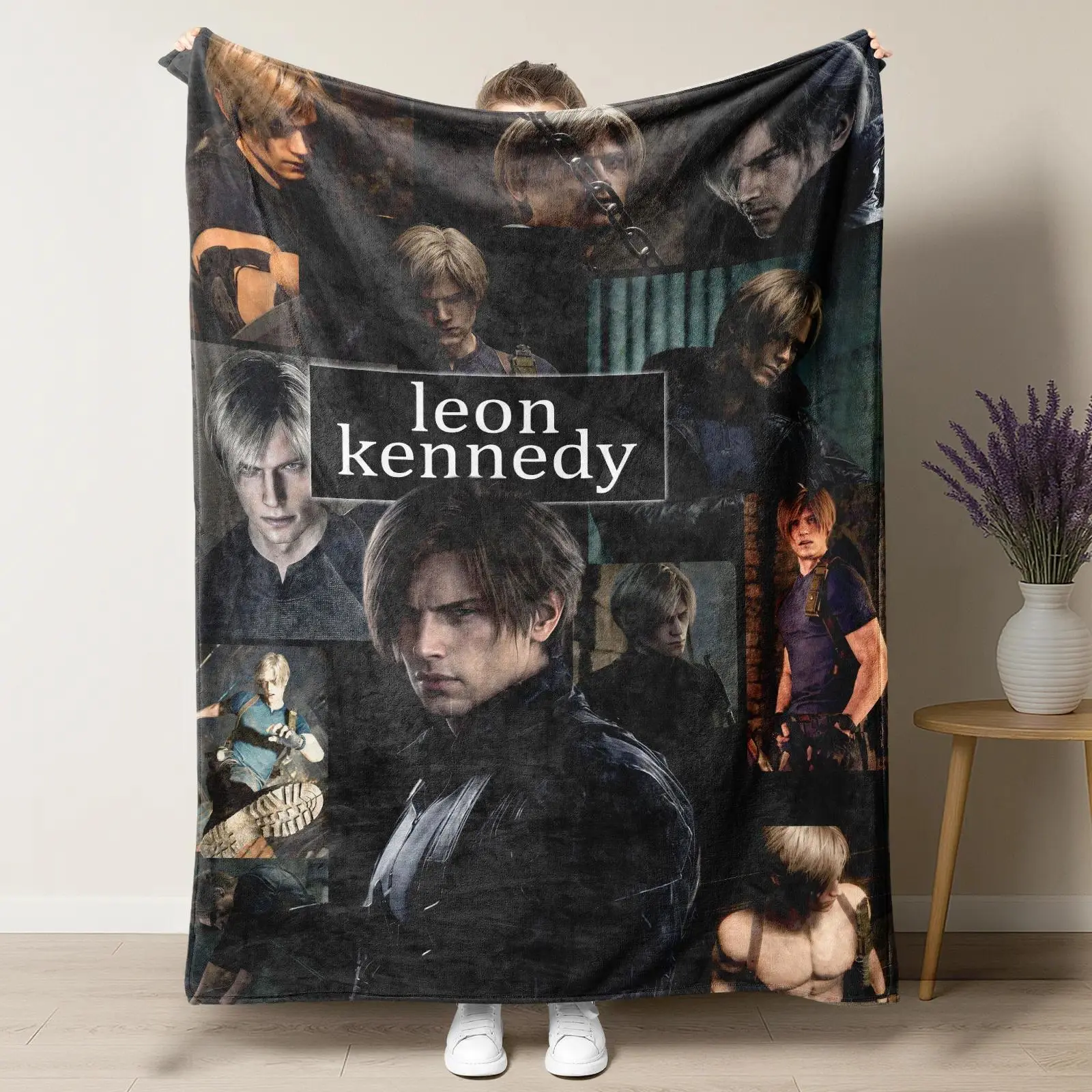 Leon S. Kennedy RE4 Remake Rose Collage 3D Printed Soft Warm Cozy Flannel Throw Blanket, Matches cooling blankets pillows couch coverforsofa bedding set, Bed Couch Sofa Decor, Birthday Christmas Gift for Resident Evil Horror Game Fans