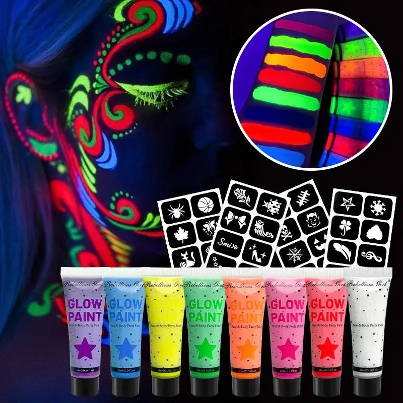 8 Fluorescent Face Painting Kits + 4 Tattoo Stickers, Halloween Party Makeup Essentials, Glow Paint for Ghost, Vampire, Skull, Animal Looks, Glow In The Dark Face Paint