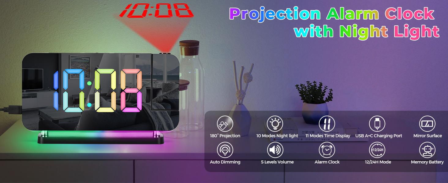 STANDARD GOODS 3C9--MPP024   Projection Alarm Clock, 7.4 in Digital Mirror Clocks,with 180° Rotatable Projector, RGB Night Light,USB C Charger Port, Auto Dimmer, LED Desk Clock for Bedroom - Black