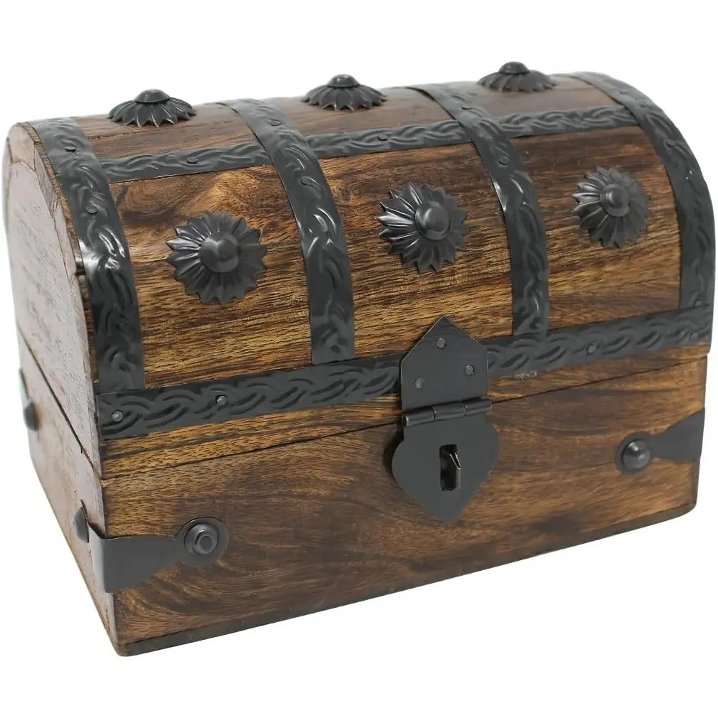 Treasure Chest Keepsake and Decorative Wood Box (Medium 6.5x4.5x4.5) - Storage Box, Wooden Box with Hinged Lid, Rustic Storage, Pirate Storage Box, Vintage Wooden Chest